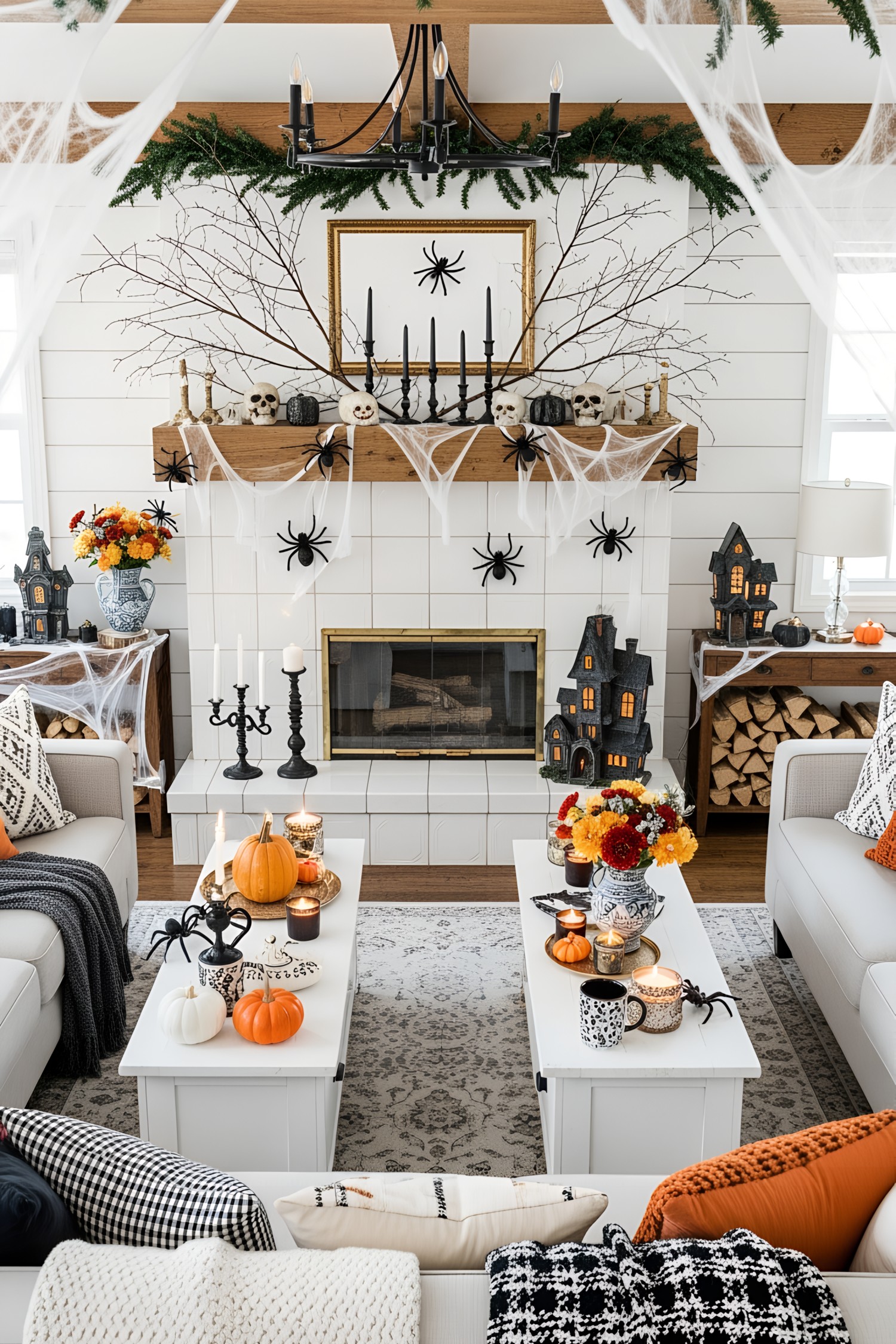 Living room decorated with Halloween spiders and pumpkins