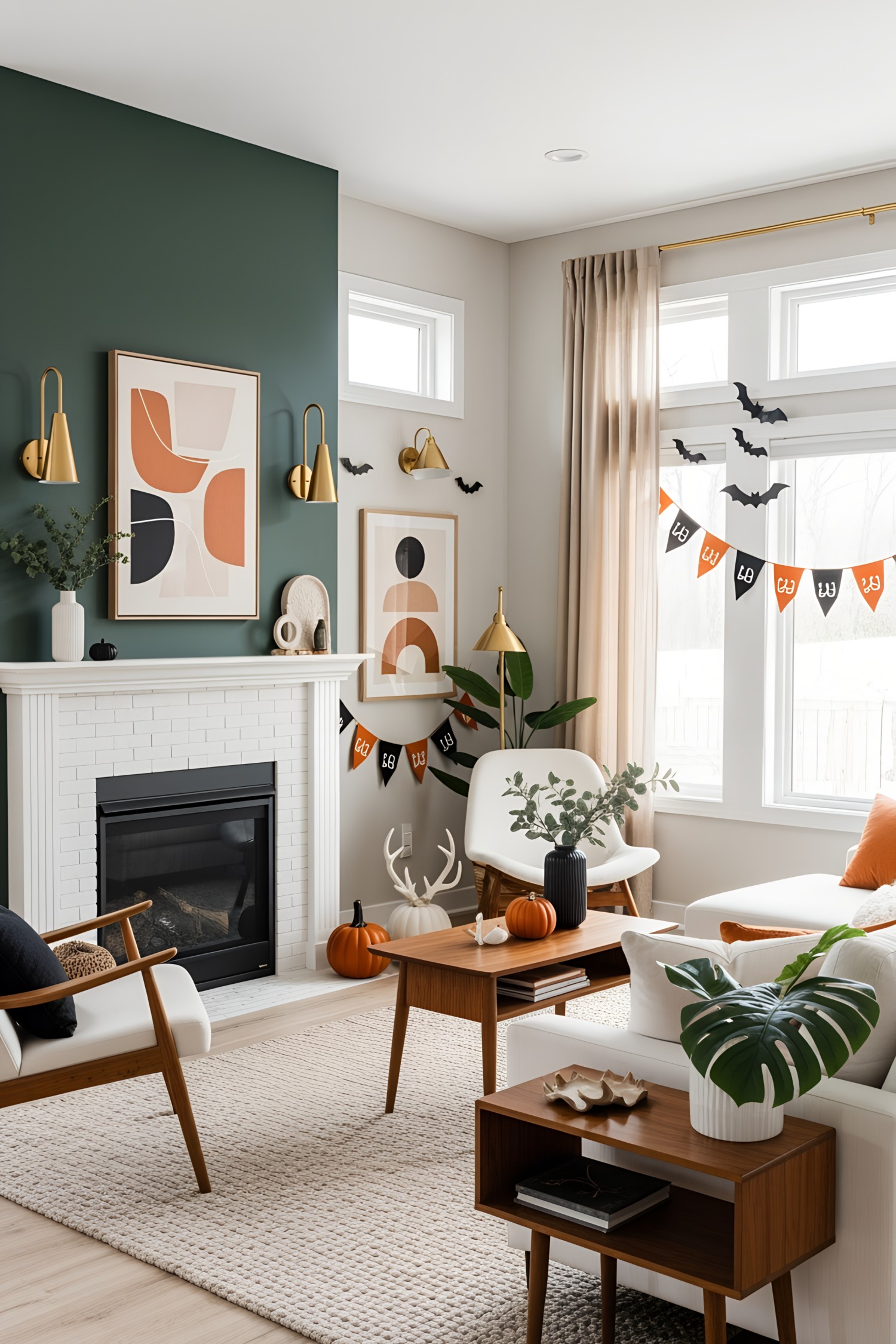 Minimalist Halloween-themed living room with pumpkins