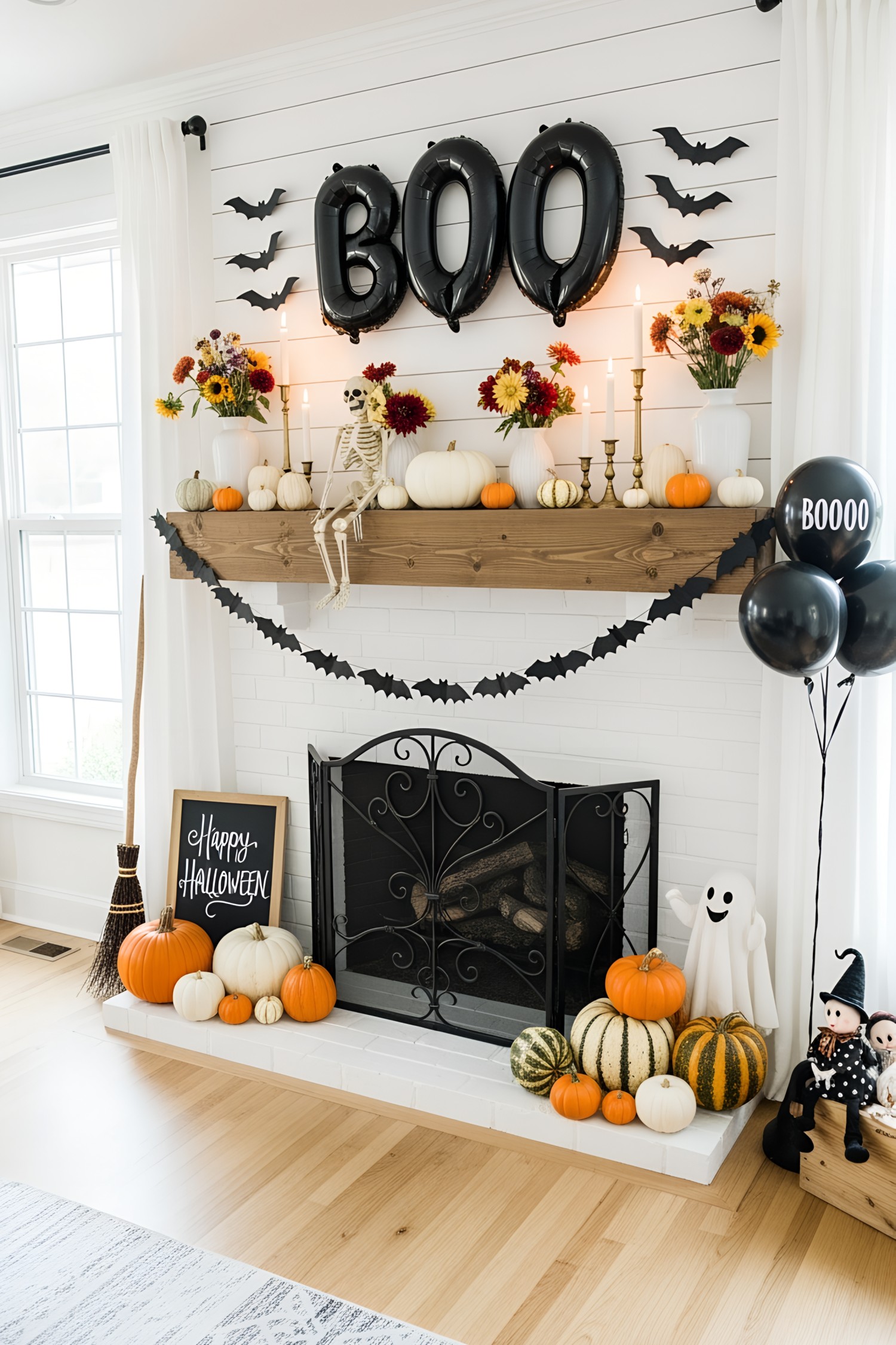 Cozy fireplace with Halloween decor and pumpkins