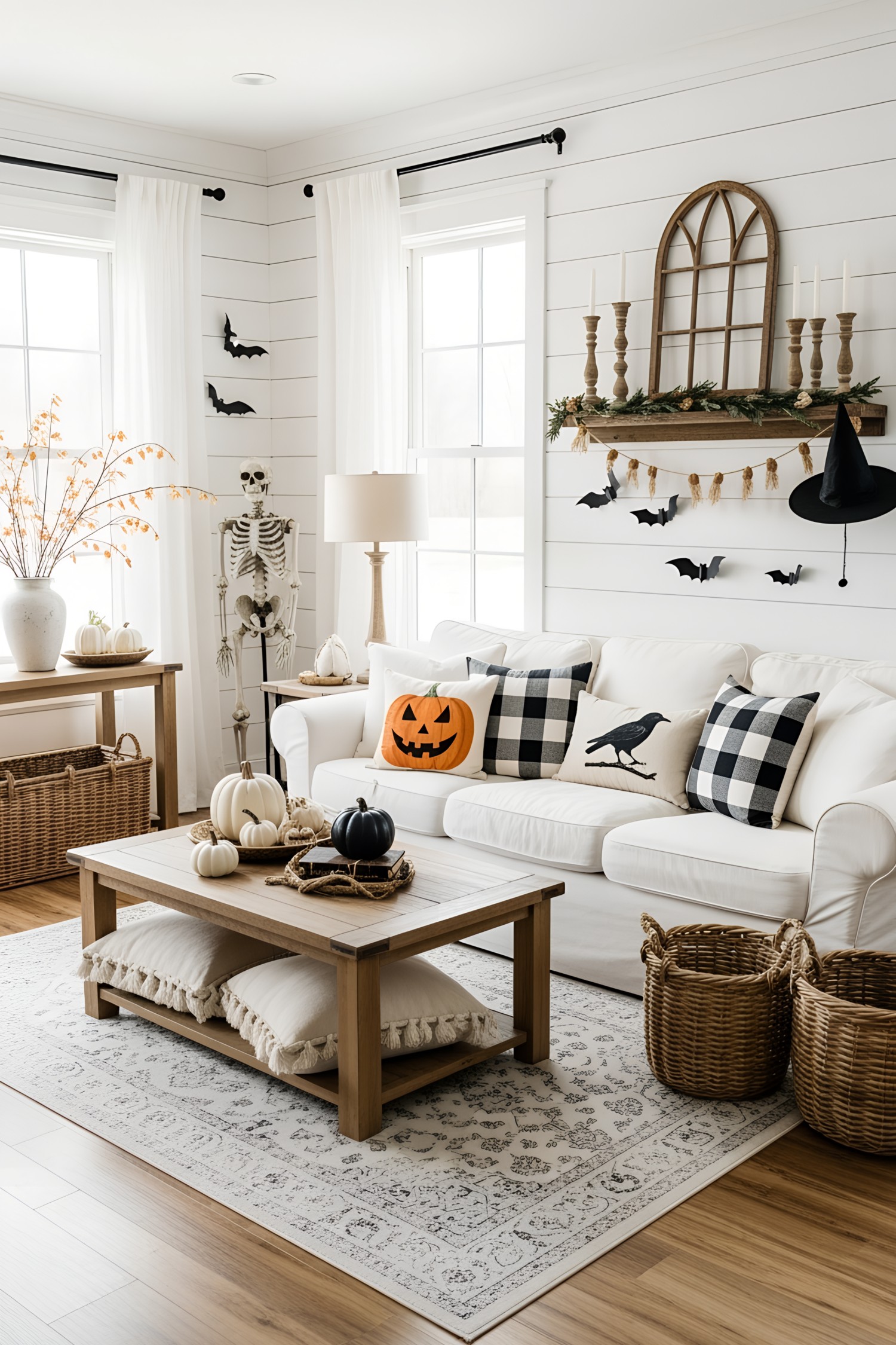 Cozy Halloween-themed living room with skeleton and pumpkins