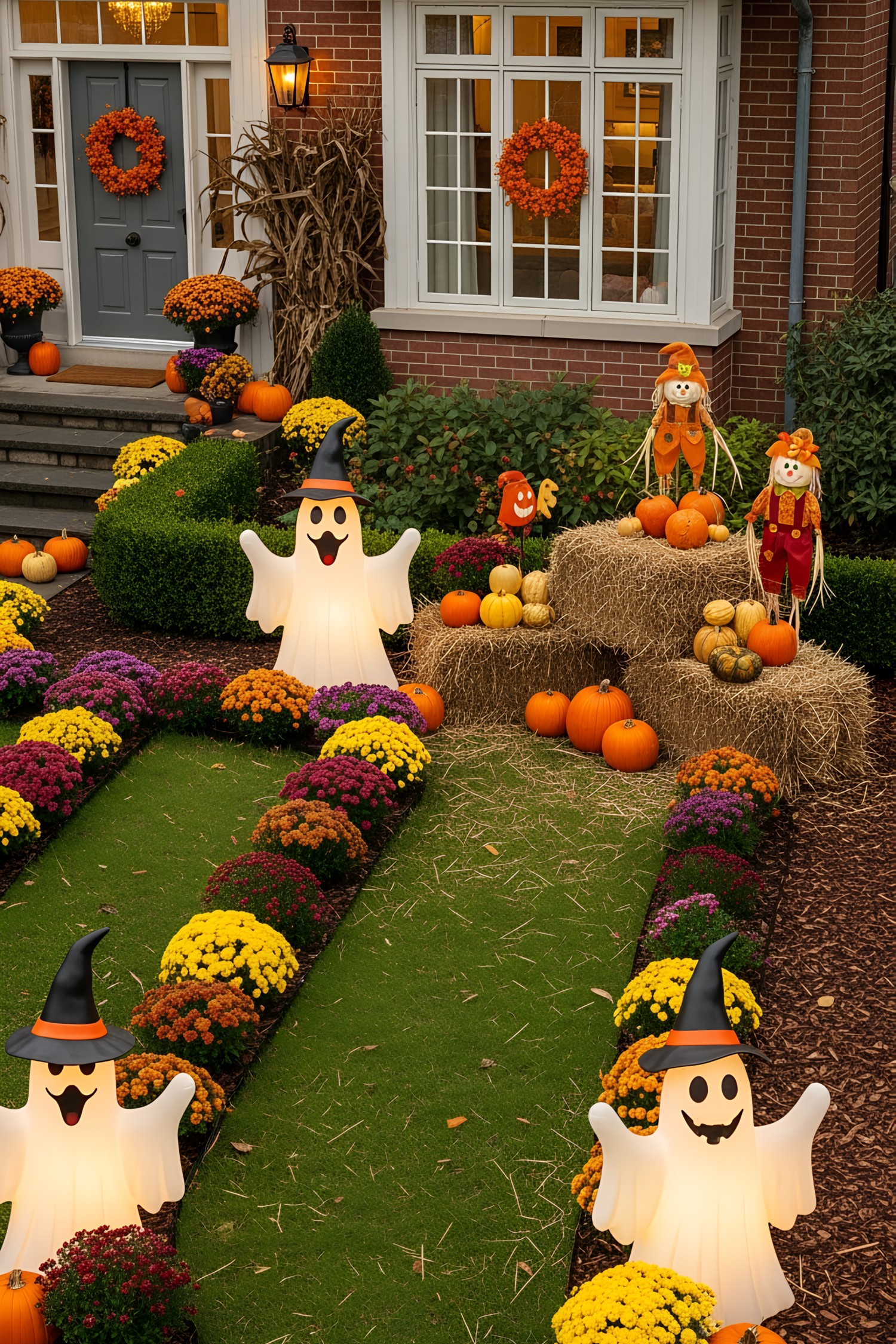 Porch with ghost inflatables, pumpkins, and flowers