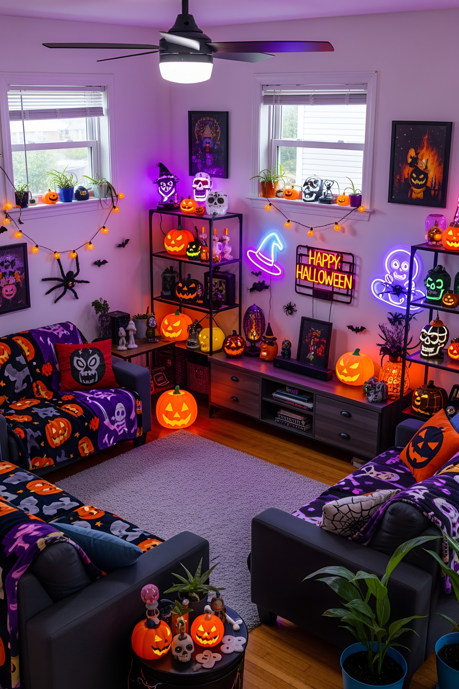 Halloween-themed living room with neon lights, pumpkins, and spooky decor