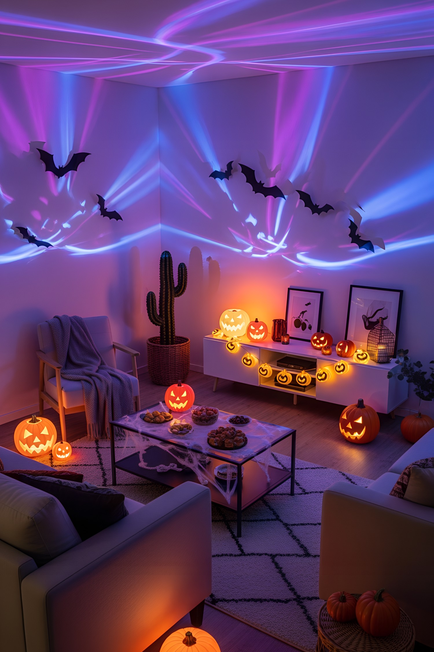 Festive living room with jack-o-lanterns and bat decorations