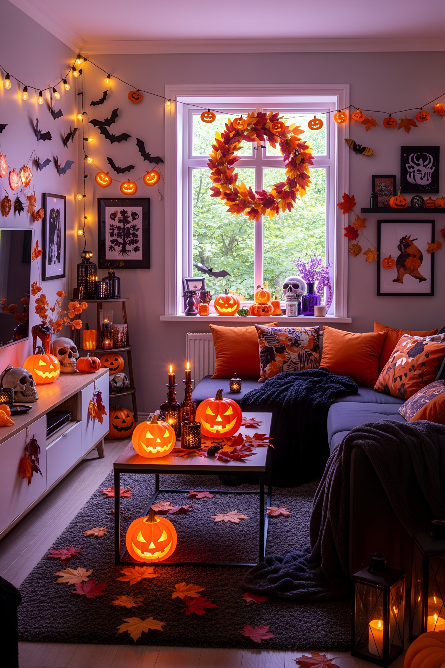 Halloween-themed living room with pumpkins and autumnal decor