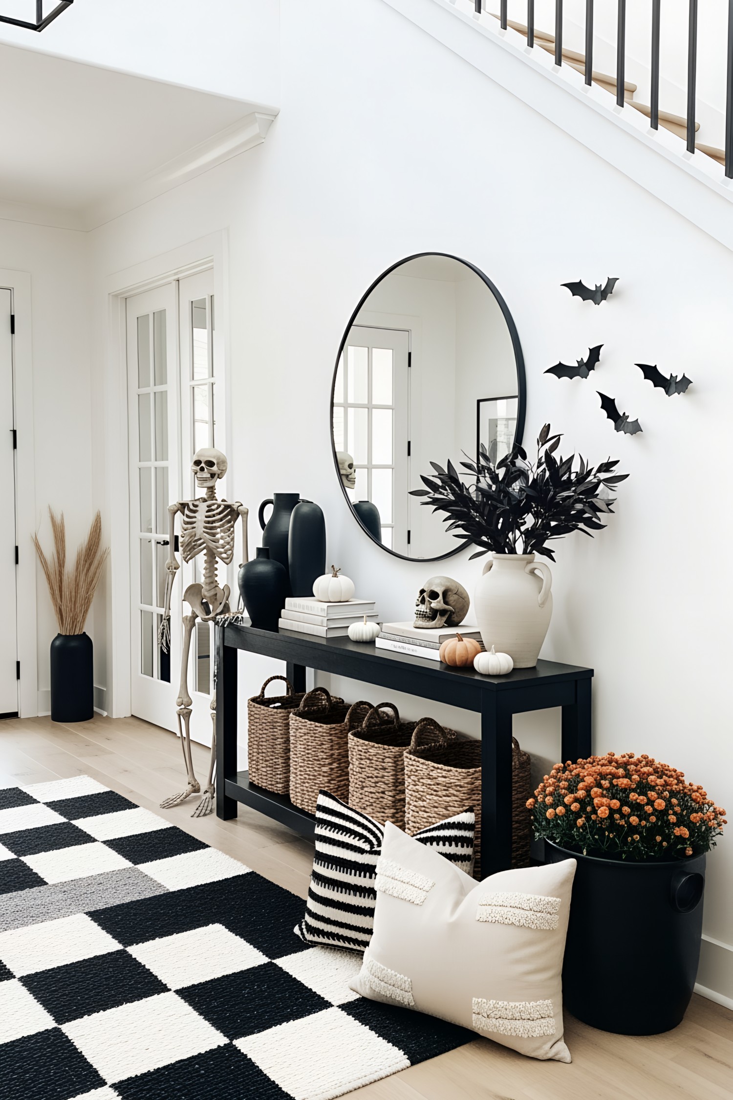 Halloween-themed living room with skeleton and decor