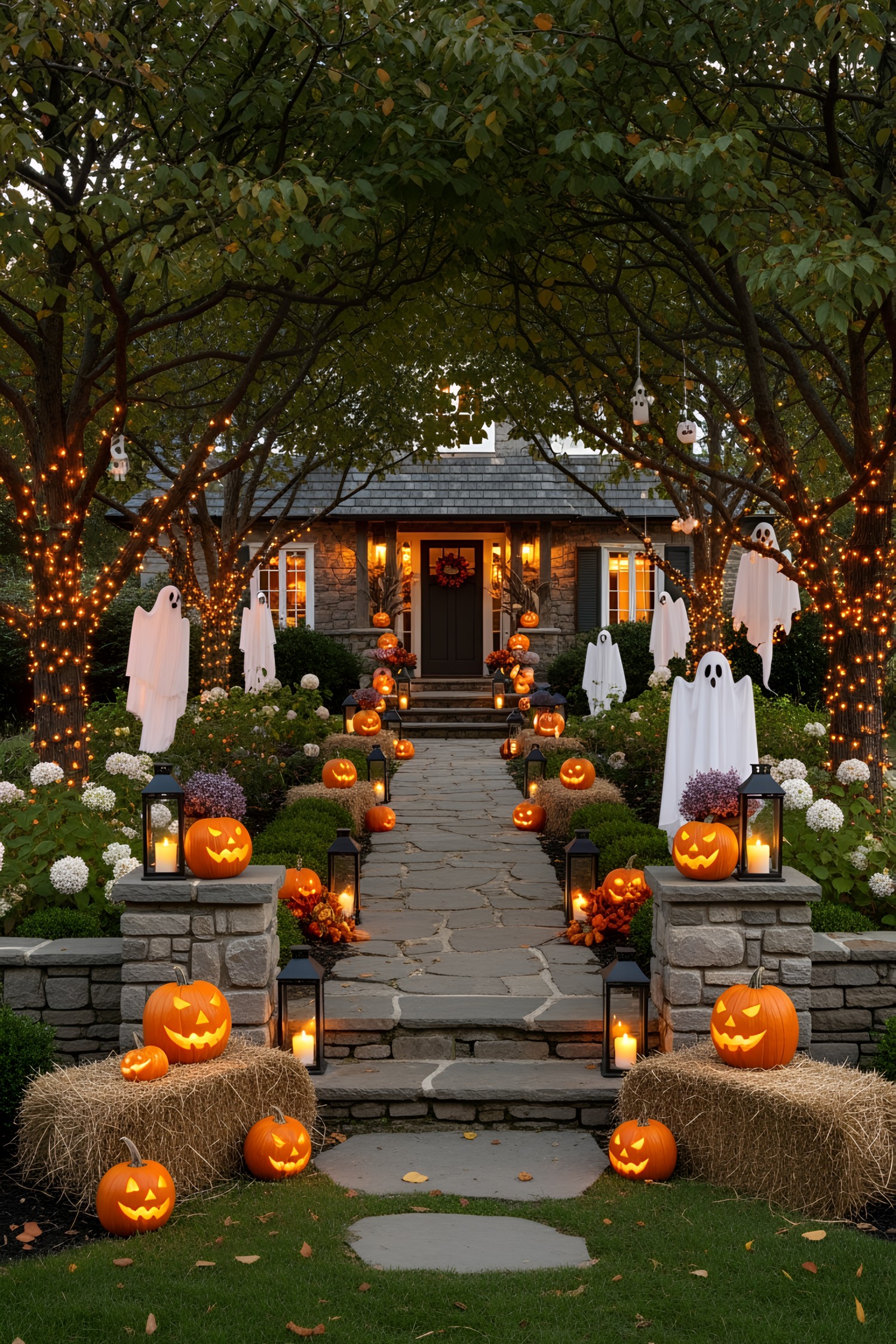 Pathway lined with glowing jack-o'-lanterns and ghostly figures