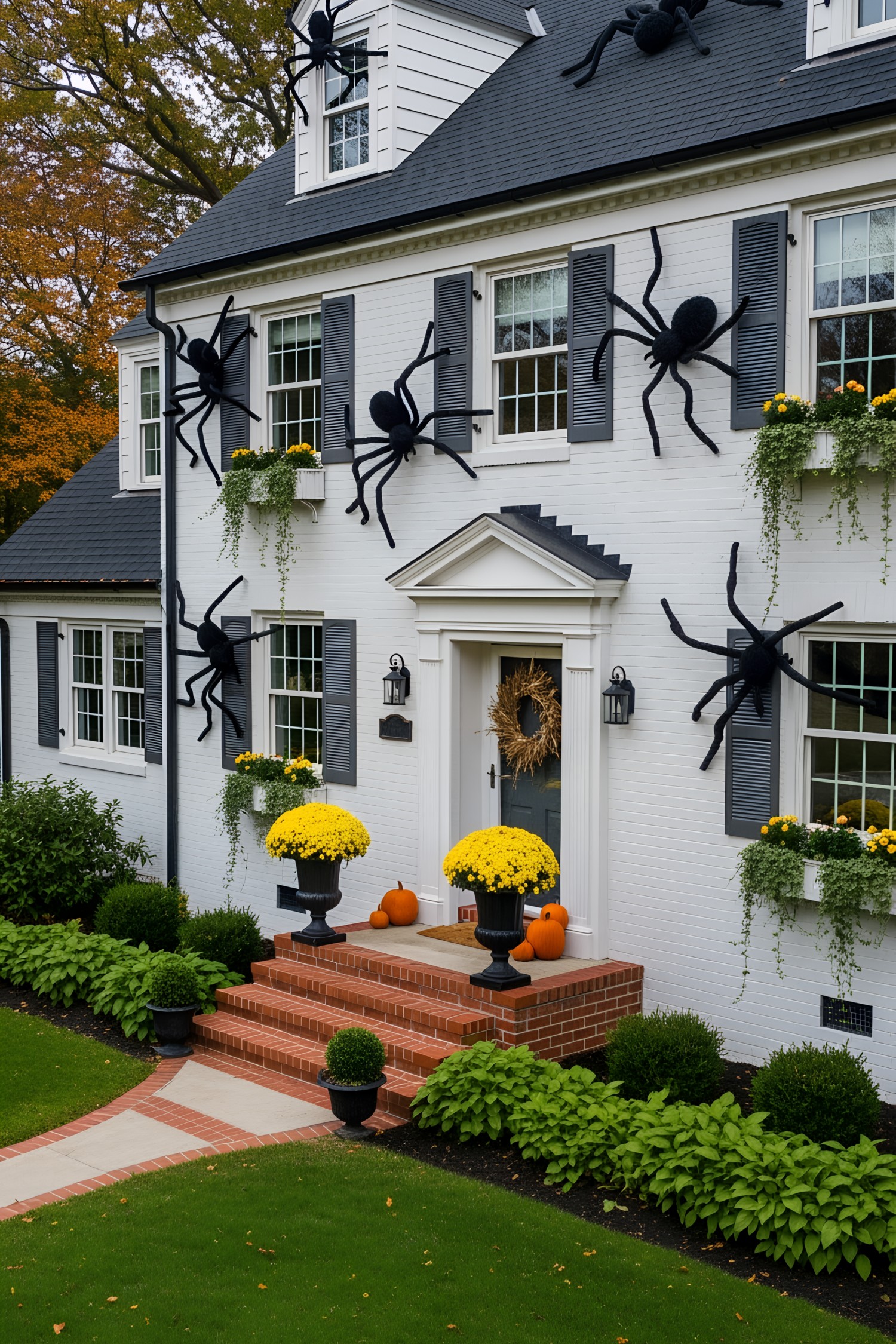 Front of a house adorned with giant spiders, pumpkins, and yellow flowers