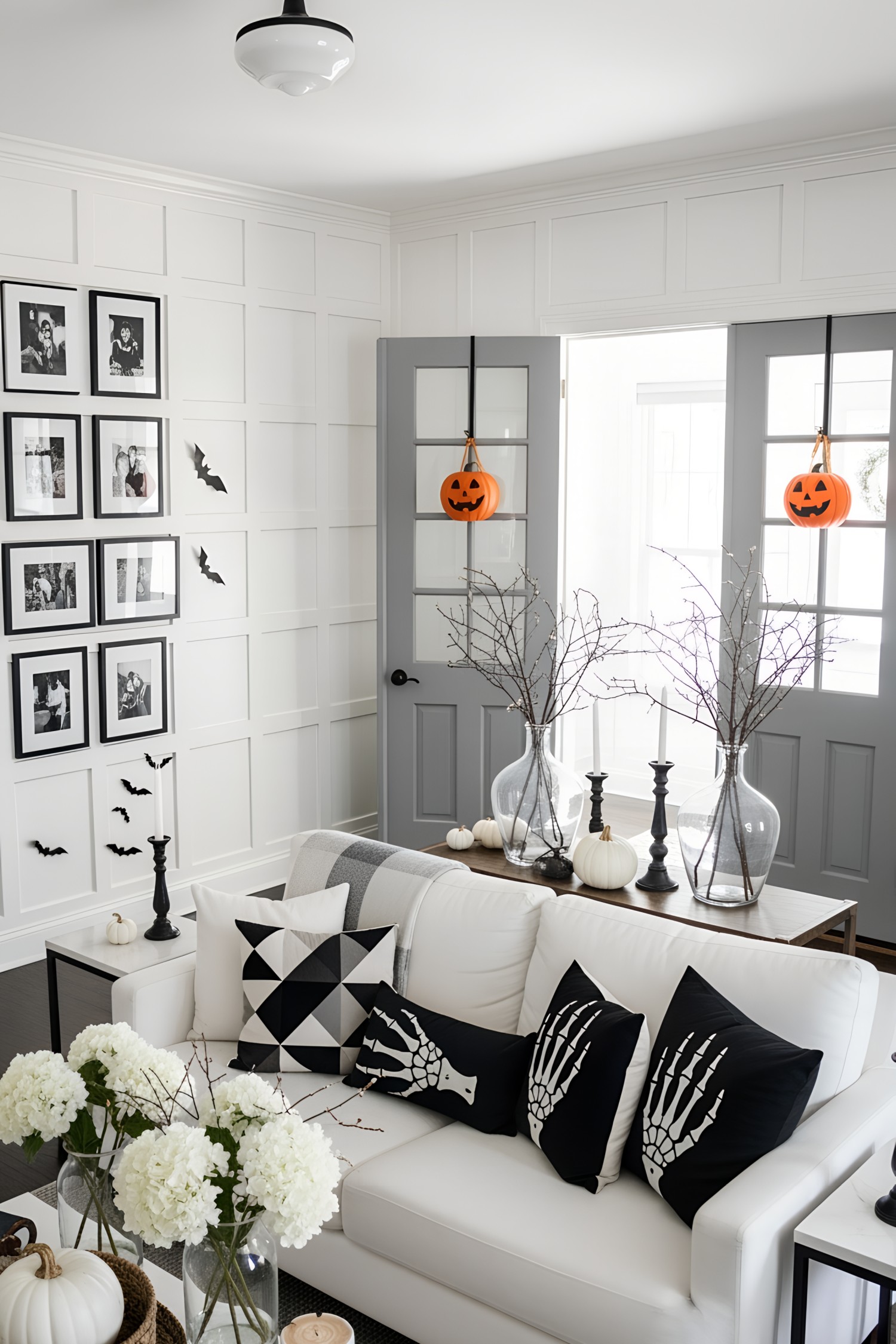Elegant living room with Halloween decor, featuring Jack-o'-lanterns and skeletal motifs