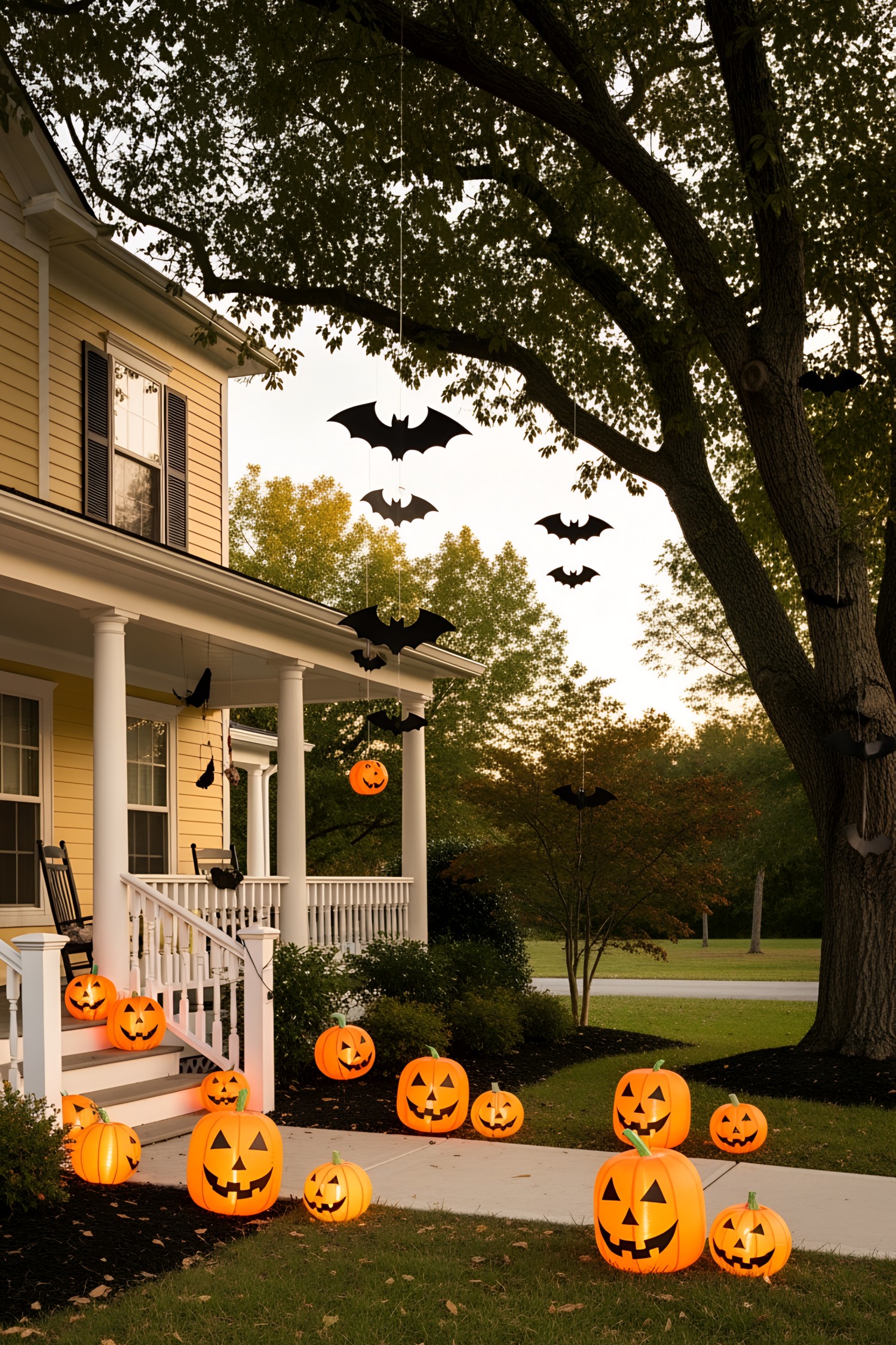 Pumpkins and bats adorn a Halloween-themed porch