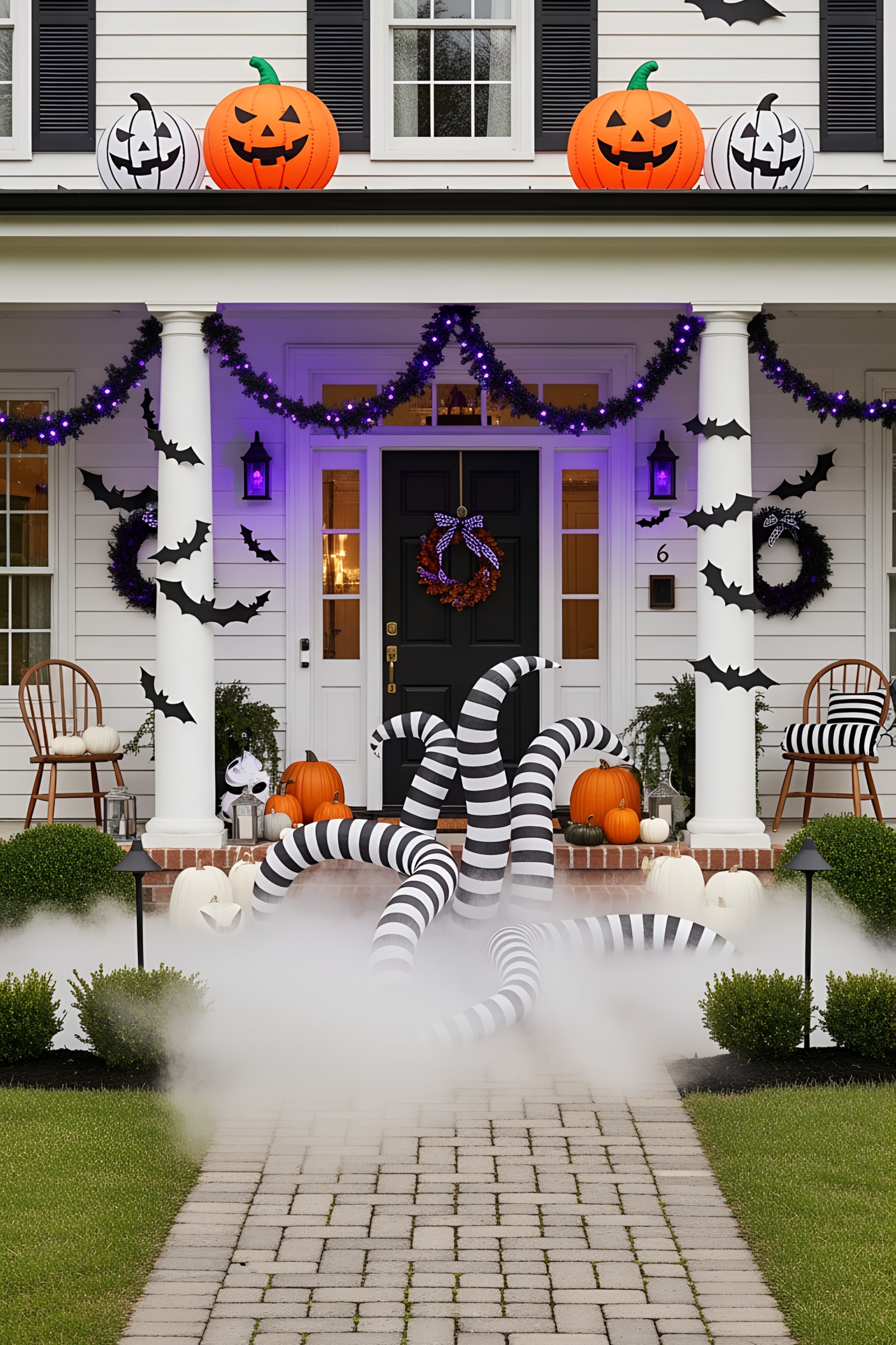 Halloween-themed porch with pumpkins, bats, and striped decorations