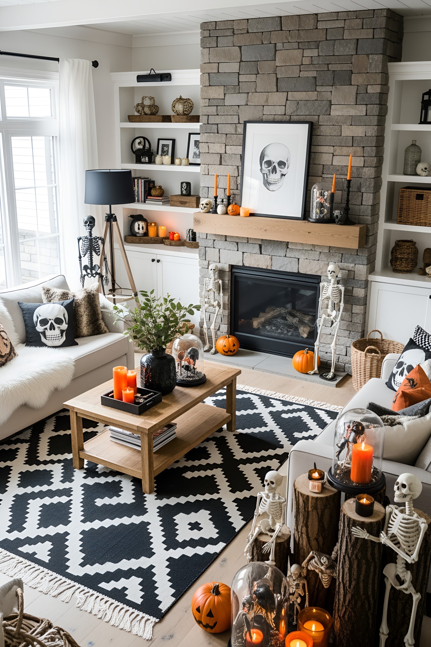 A stylish Halloween-themed living room with skulls and pumpkins