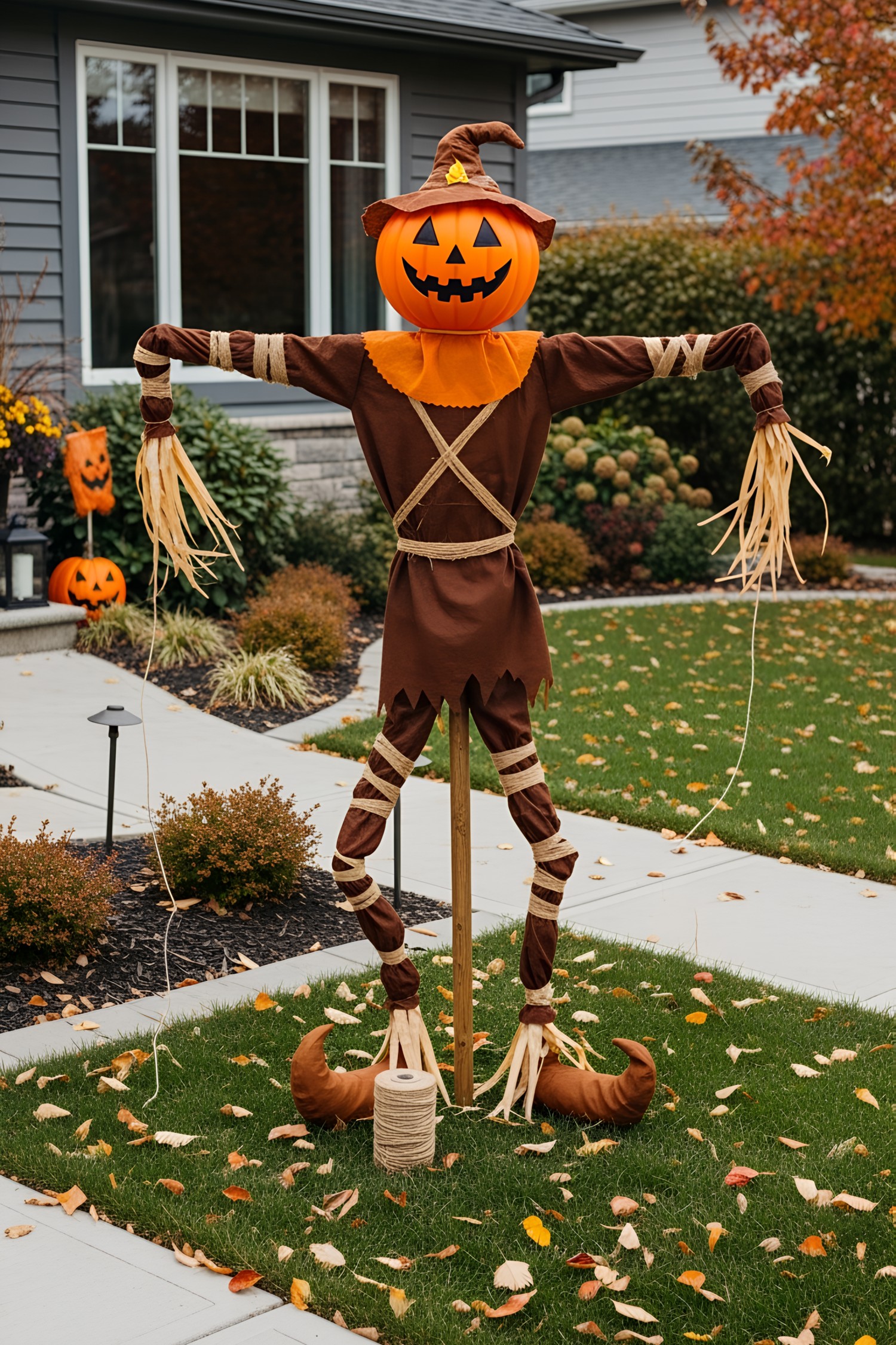 Pumpkin-headed scarecrow on a lawn with autumn leaves