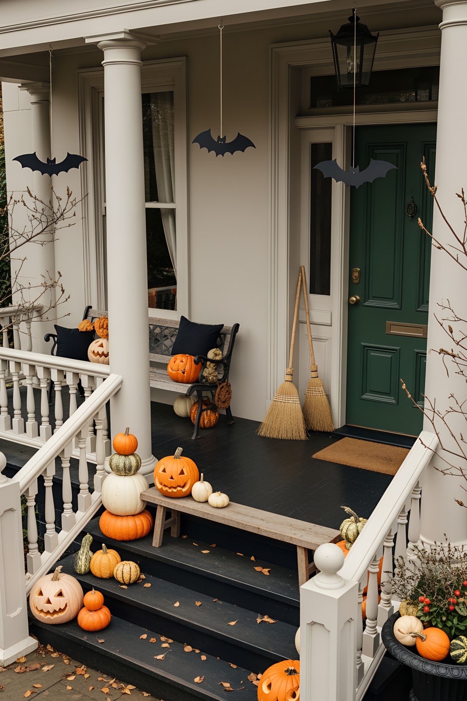 Festive porch with pumpkins and flying bats