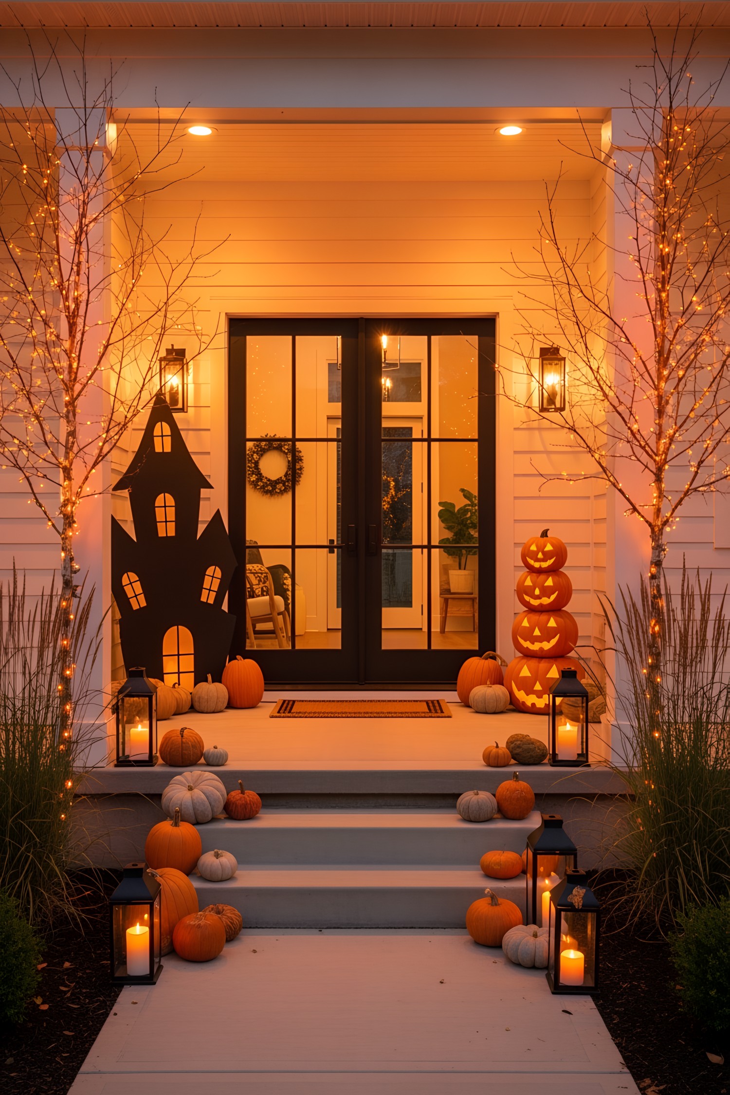 Covered front porch with modern farmhouse style illuminated in warm orange and amber hues. White horizontal siding walls dark framed glass double