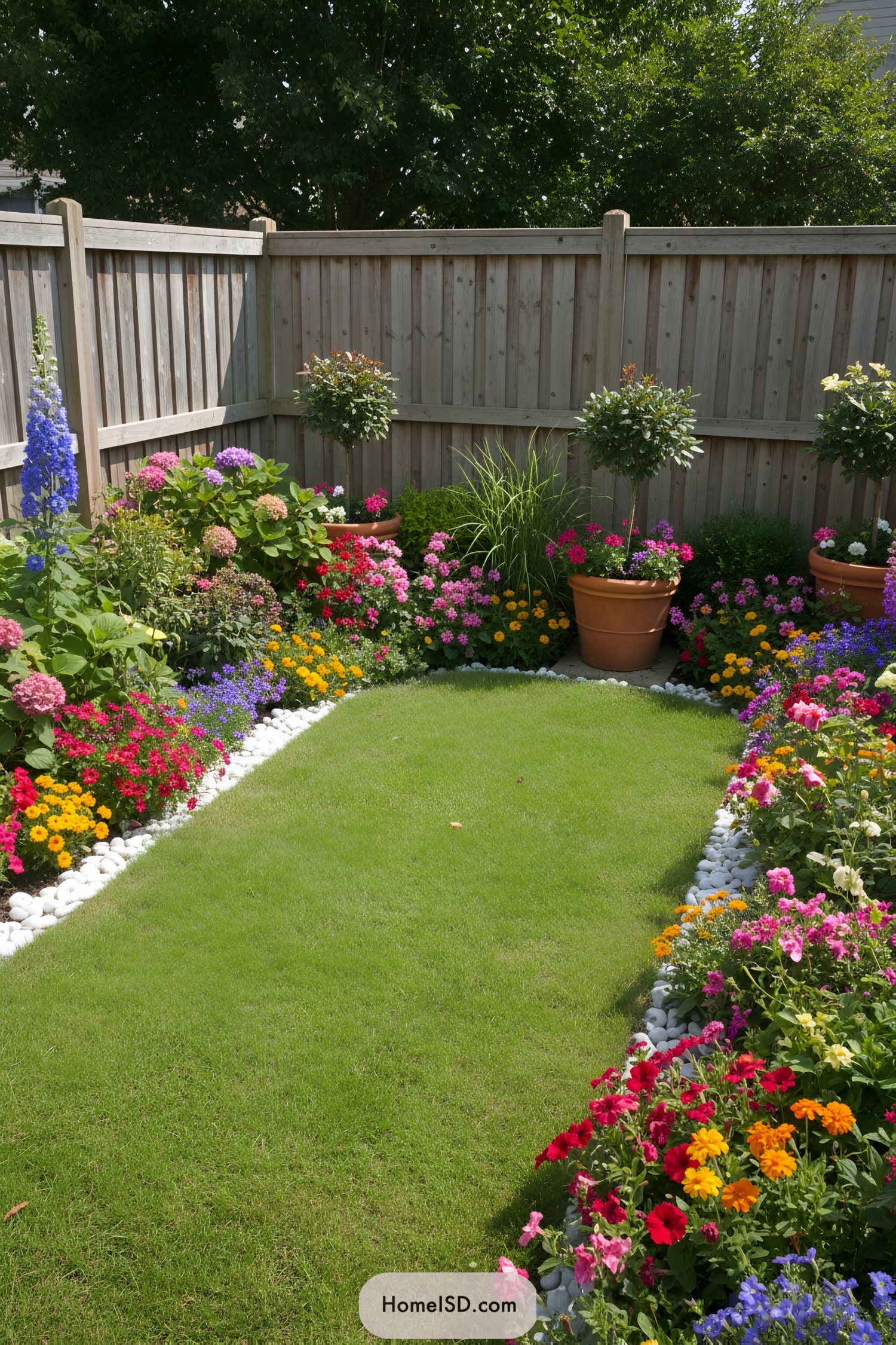 Colorful flowers and lush green lawn in a cozy garden nook