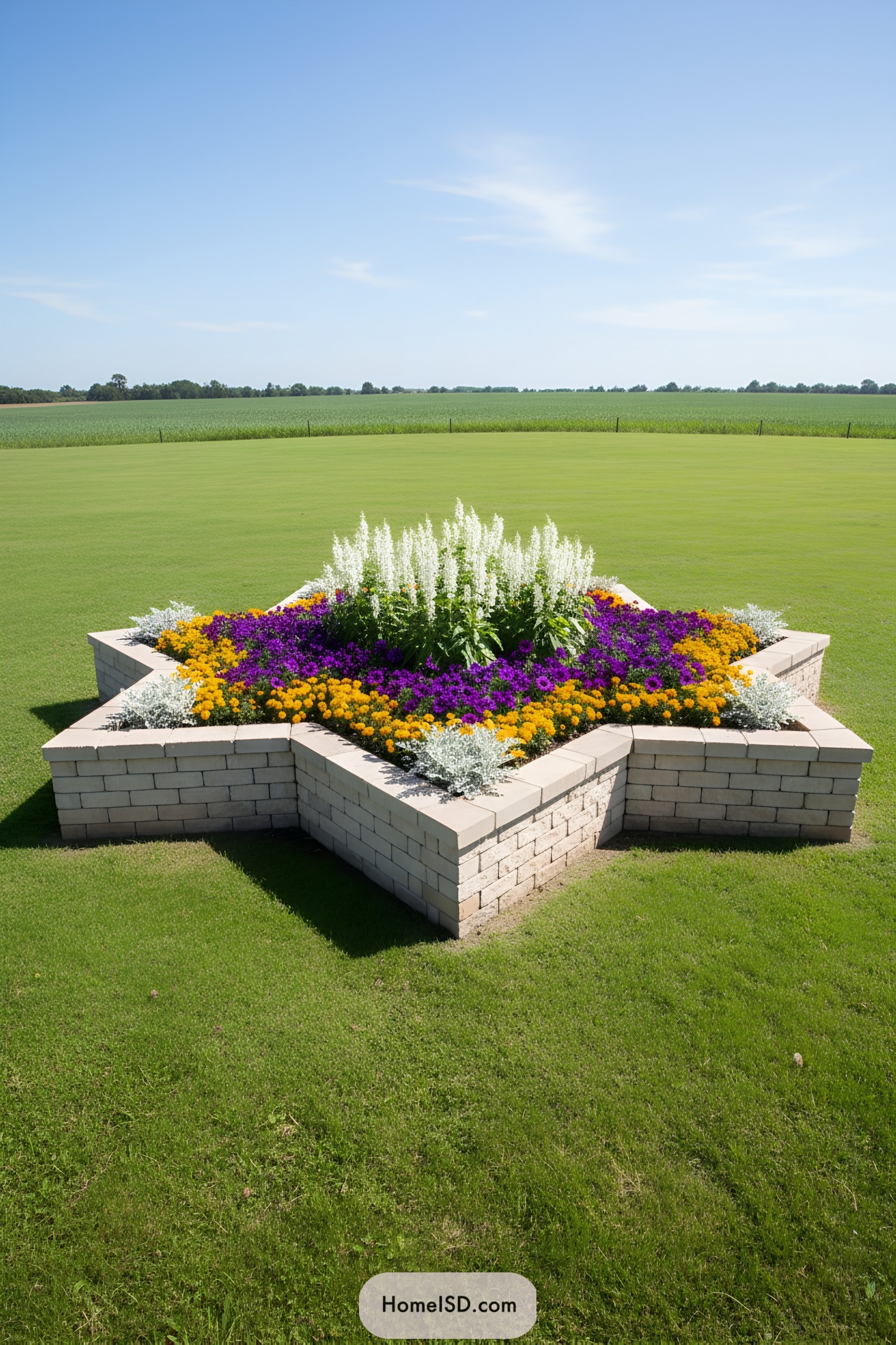 Star-shaped flower bed surrounded by green lawn