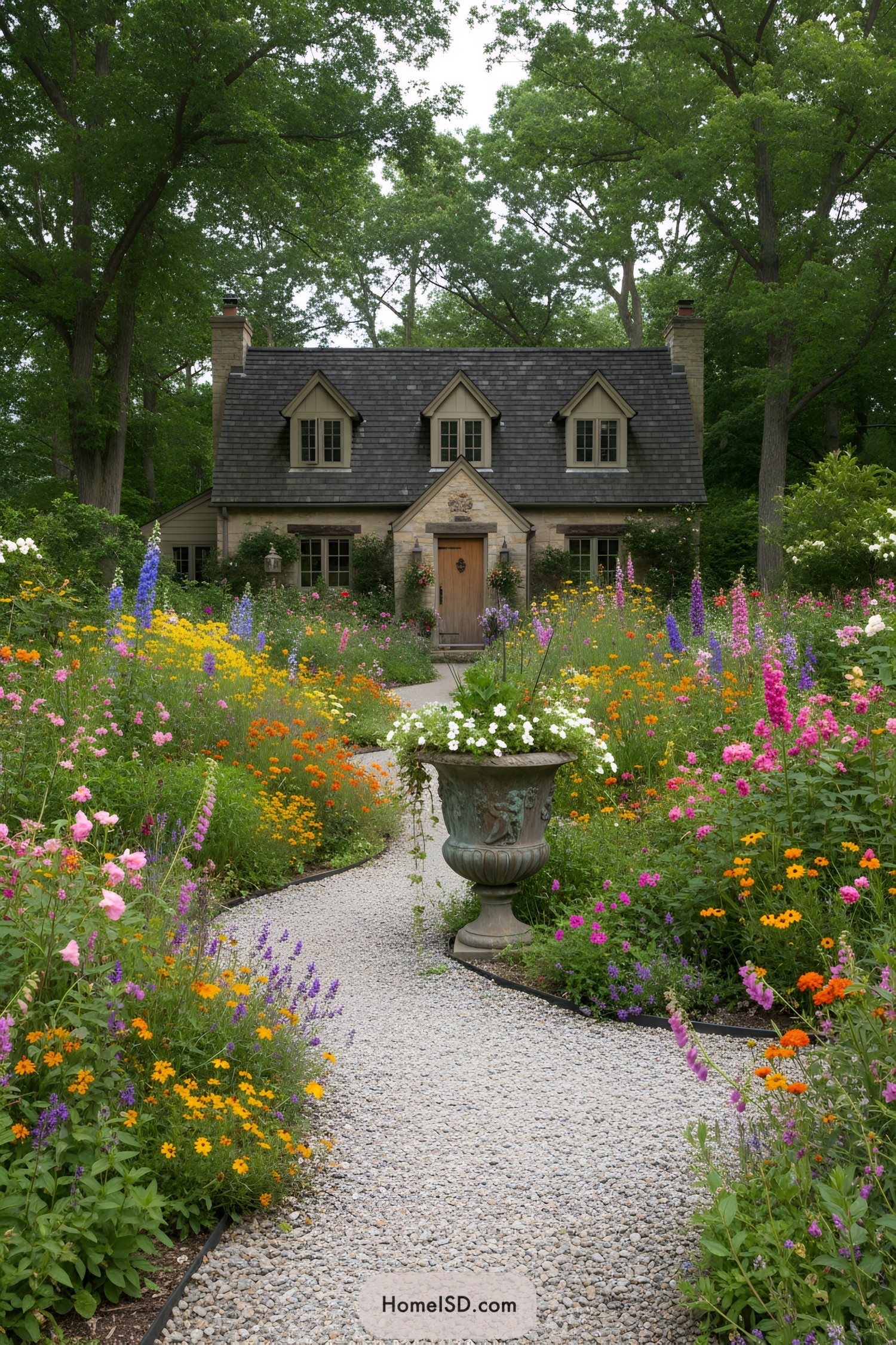 Charming stone house surrounded by vibrant flower garden