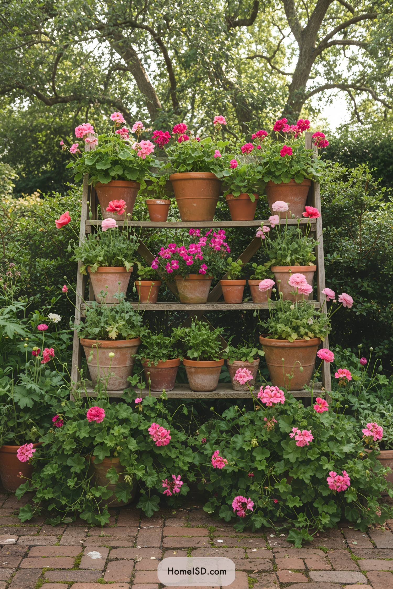 Stacked terracotta pots bursting with colorful flowers