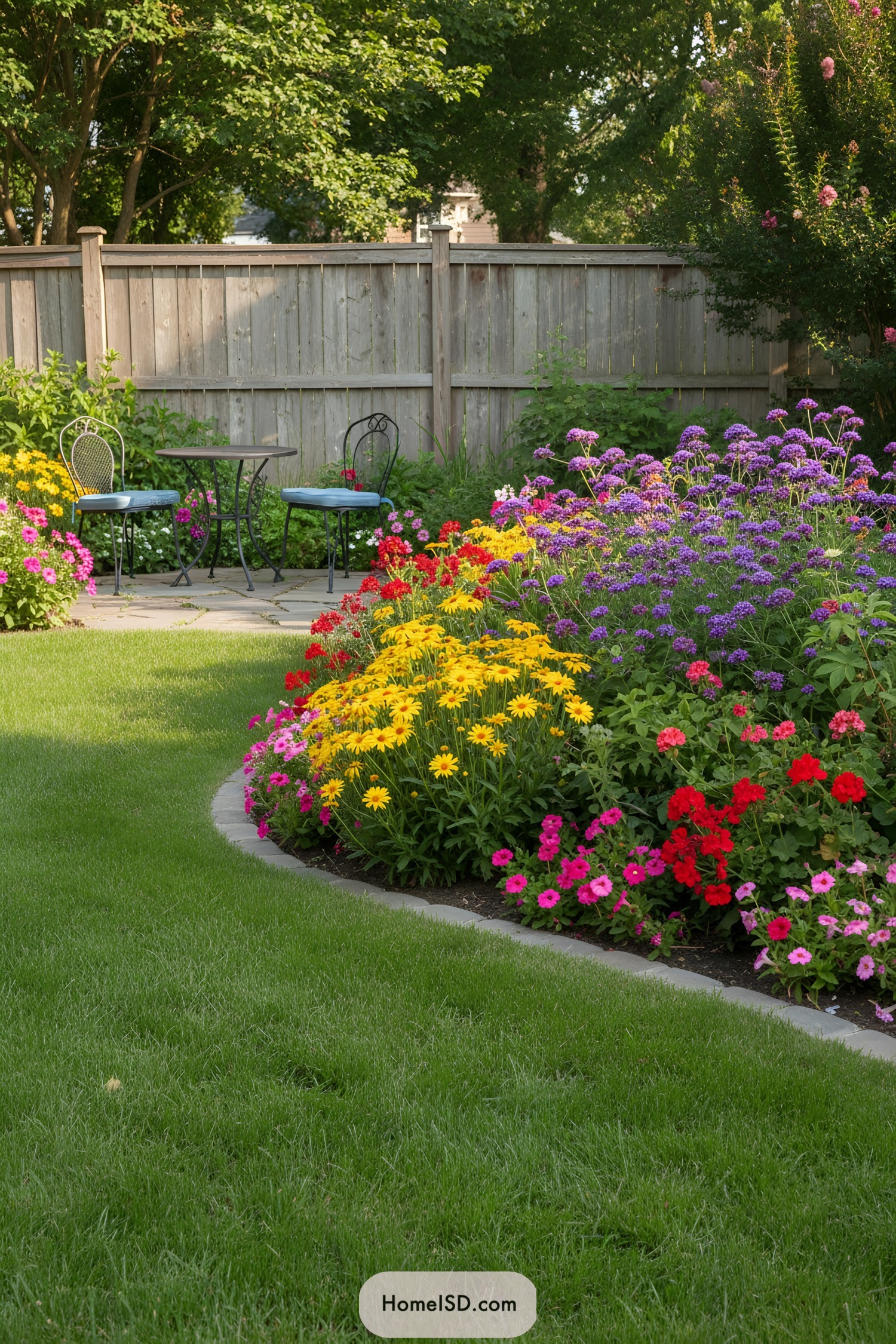 Colorful flowers lining a stone pathway with outdoor seating
