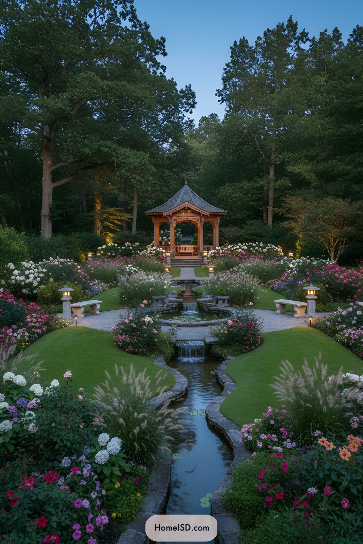 Peaceful garden with lantern-lit pathways and a central gazebo