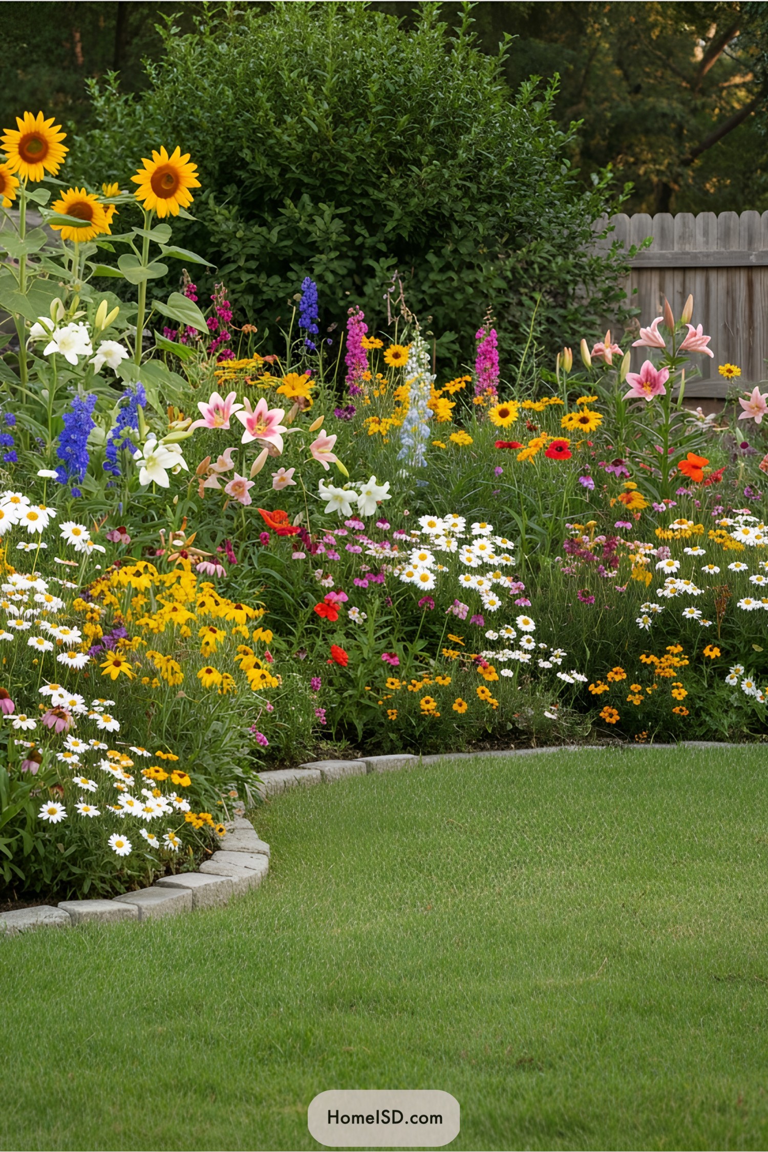 Colorful flower bed beside a lush green lawn