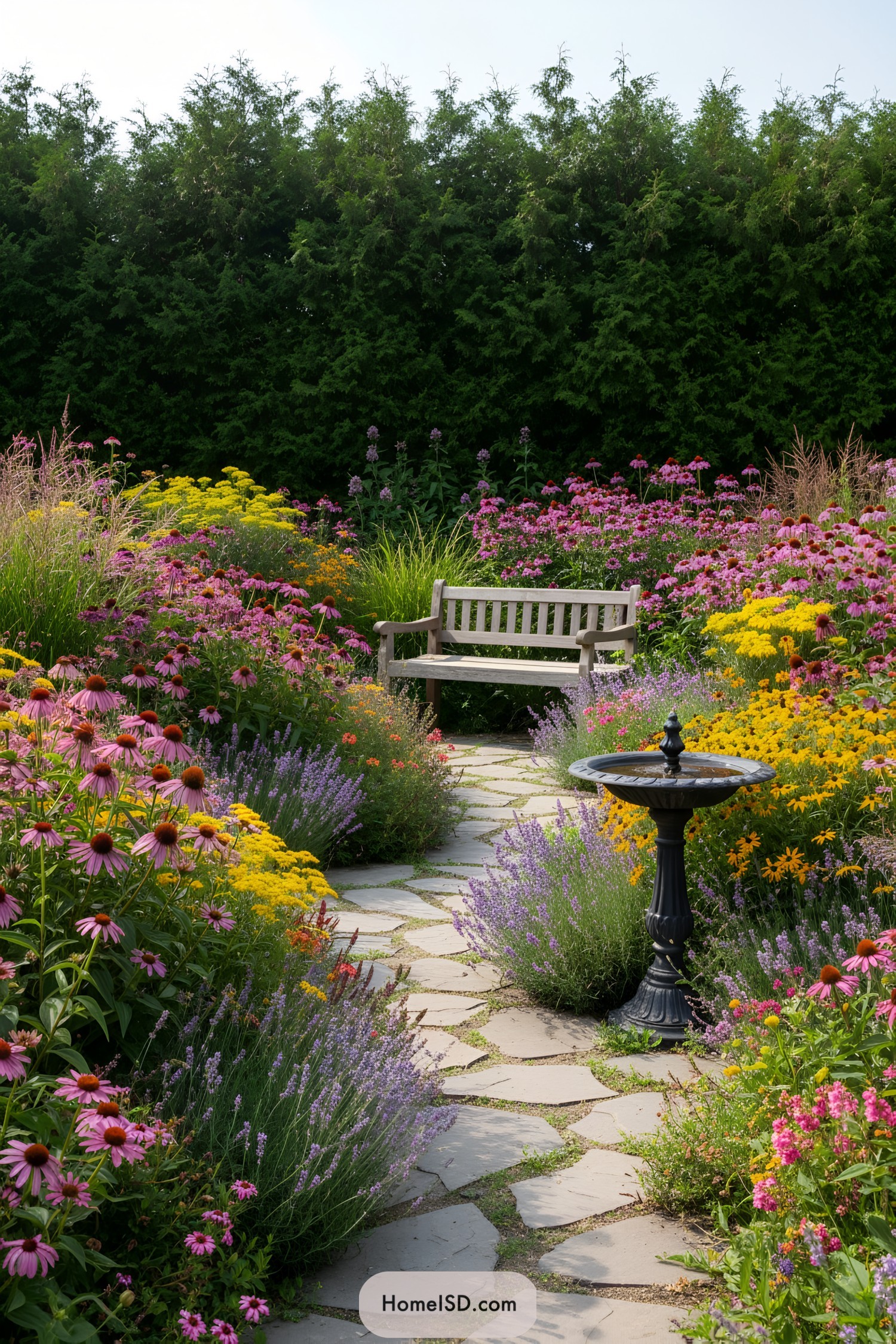 Lush garden path with colorful blooms and a wooden bench