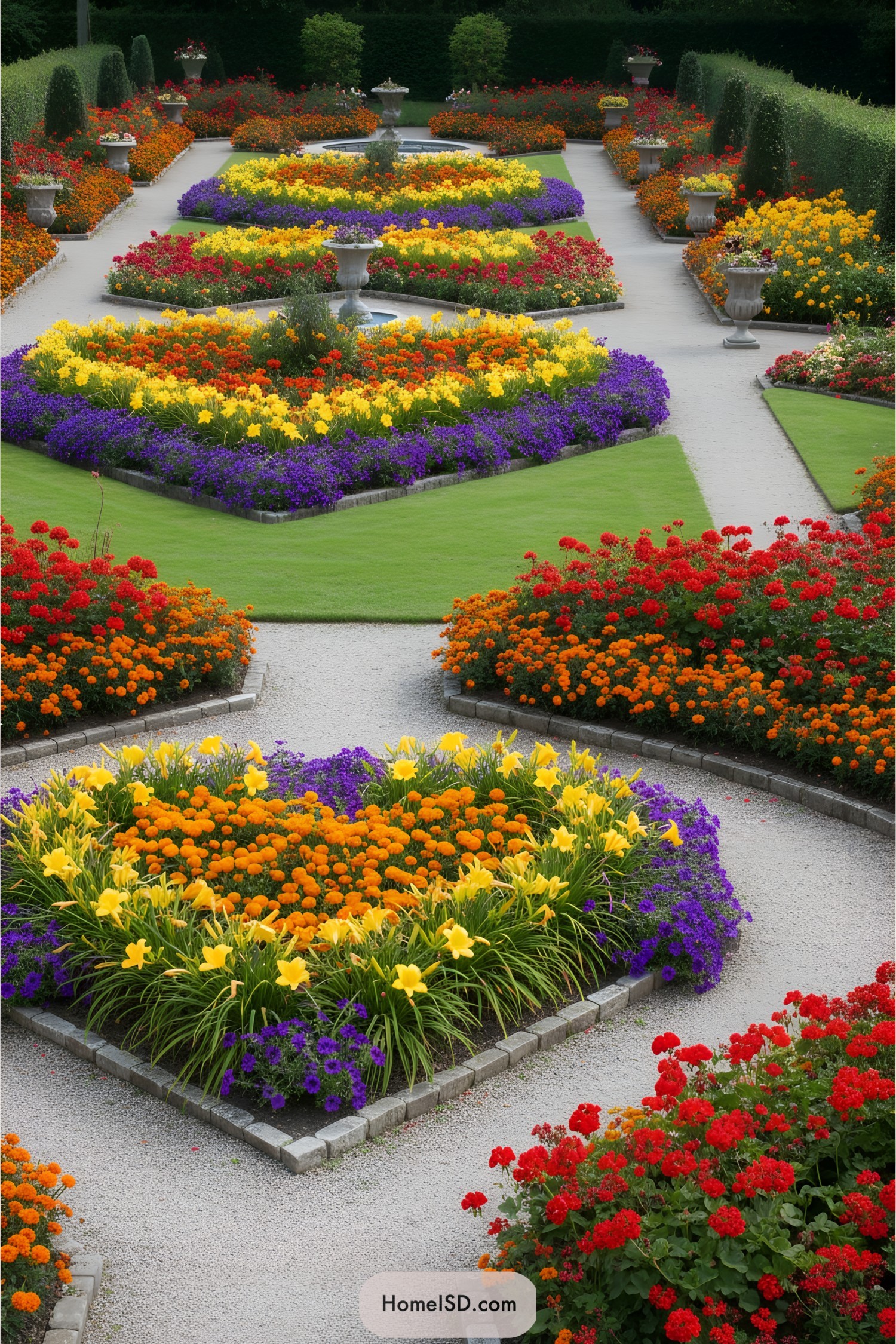 Colorful flowers arranged in geometric patterns along a garden path