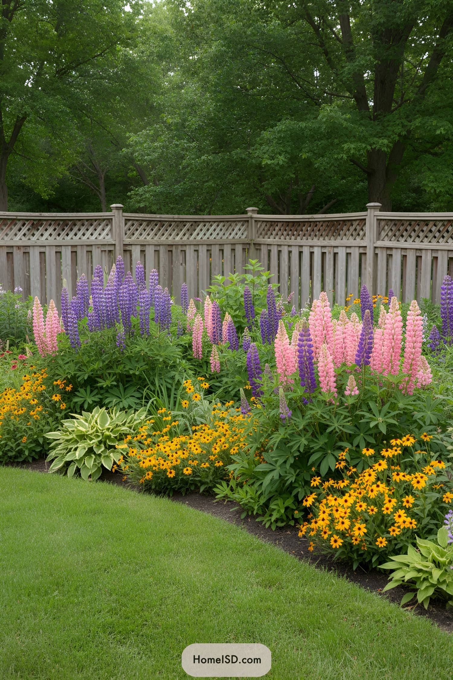 Colorful flowers in a backyard with a wooden fence