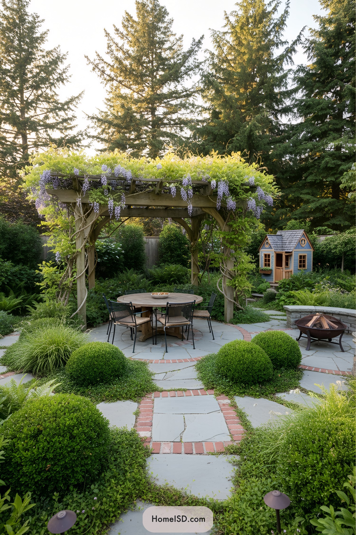 Wooden pergola adorned with wisteria above a patio set