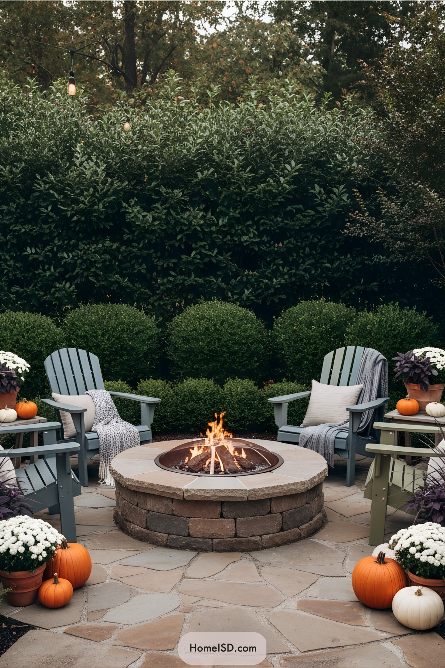 Fire pit surrounded by chairs and autumn decor