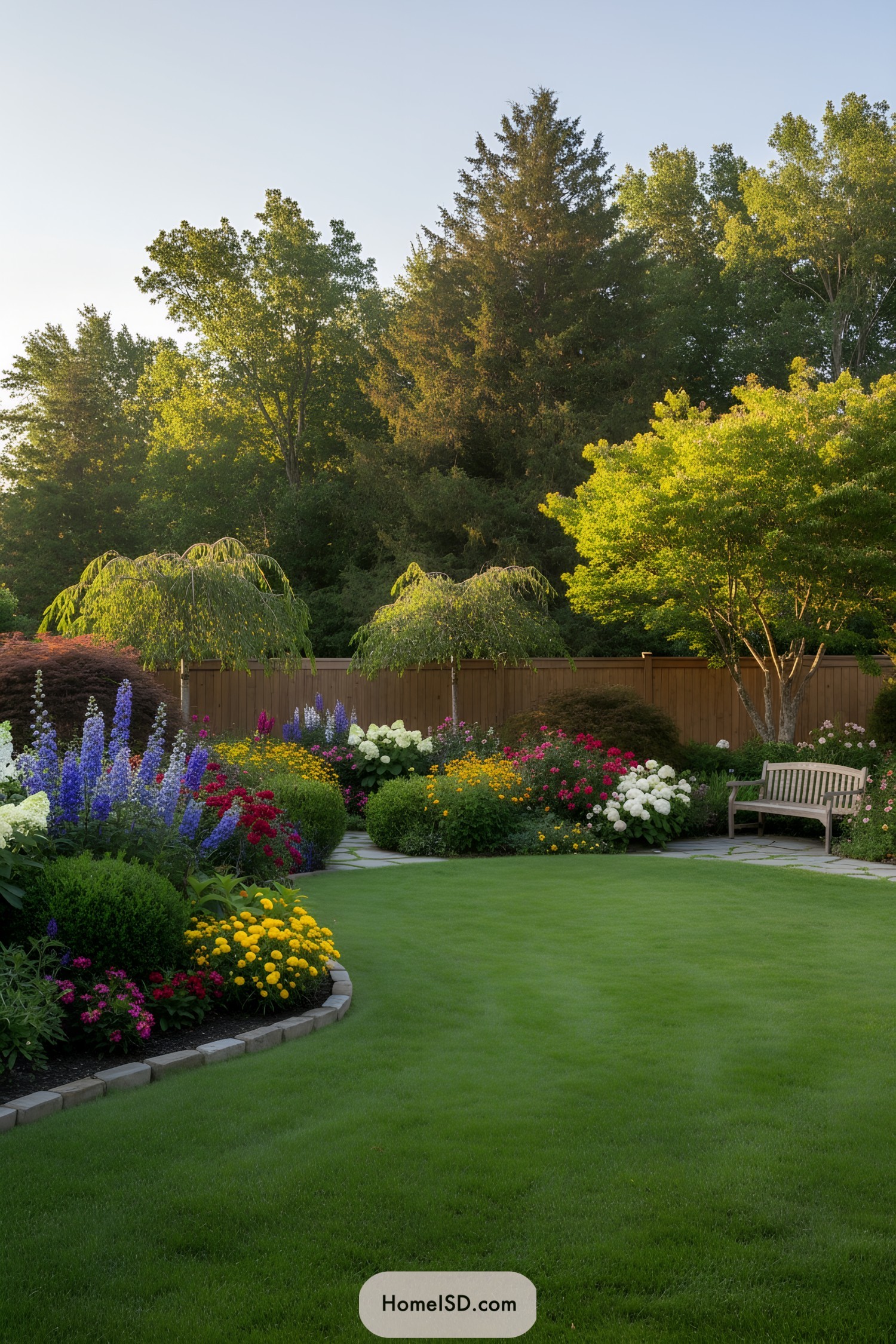 Colorful flower garden with a wooden bench