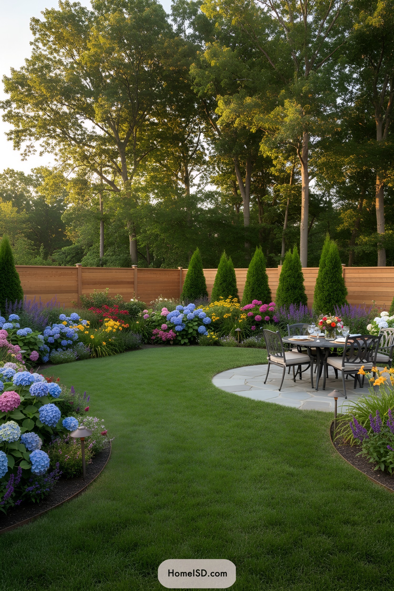 Backyard landscape design with a manicured lawn bordered by lush planting beds featuring flowering shrubs, colorful perennials, and evergreen trees for privacy. Warm wooden fencing encloses the area, complemented by a stone patio with a round metal dining table and cushioned chairs set for outdoor dining. Pathway lighting and well-maintained garden edging provide structure, while a backdrop of mature trees enhances tranquility and seclusion.