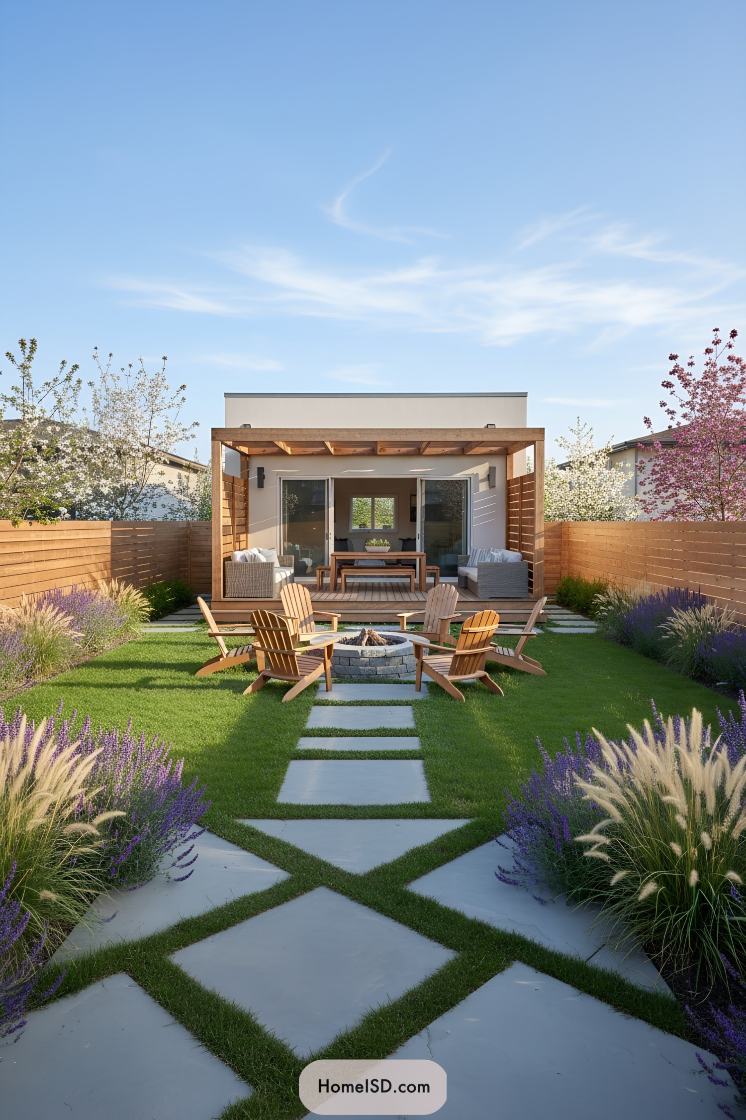 Backyard with fire pit, wooden chairs, and a pergola deck