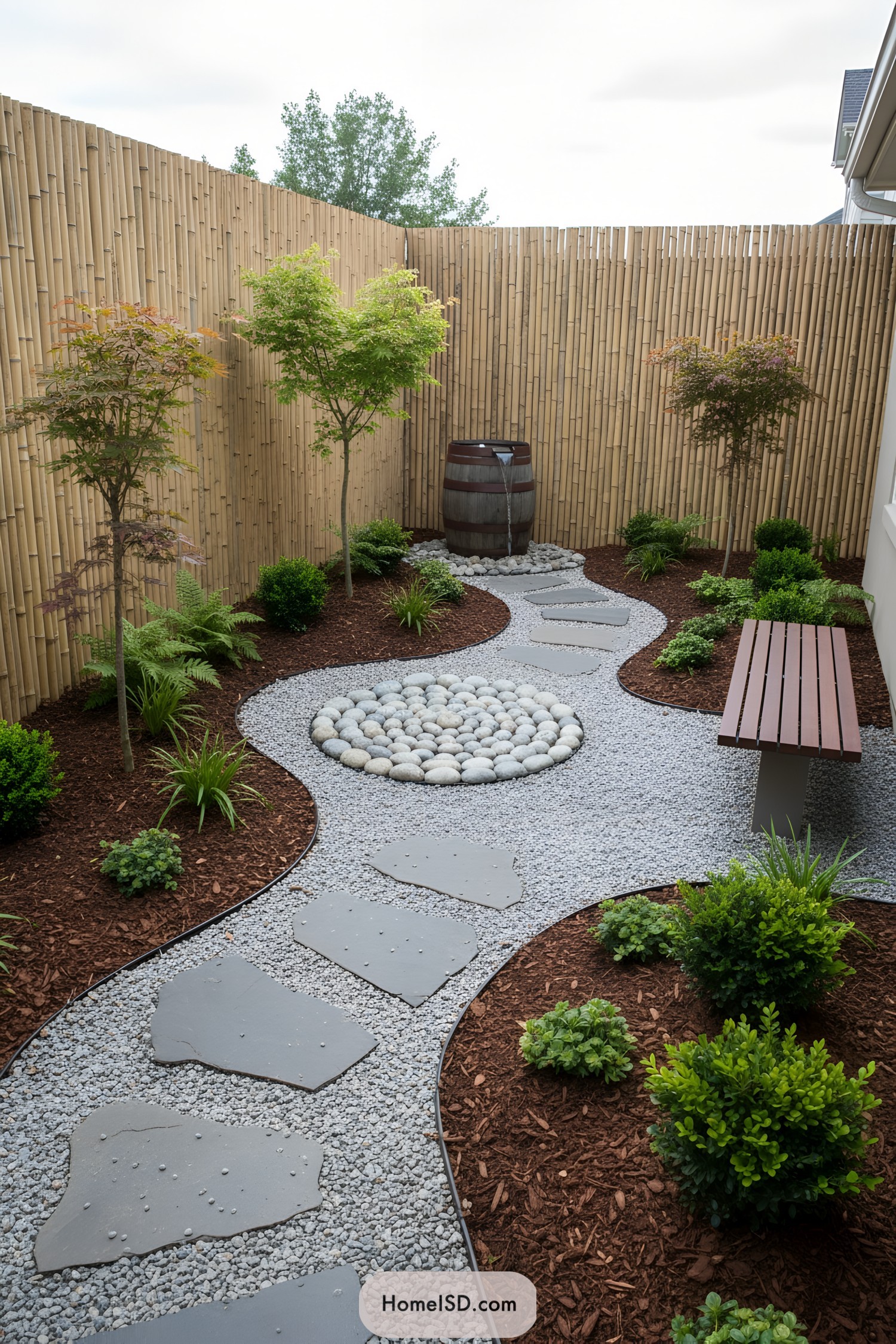 A winding gravel path with stone steps, wooden bench, and bamboo fencing