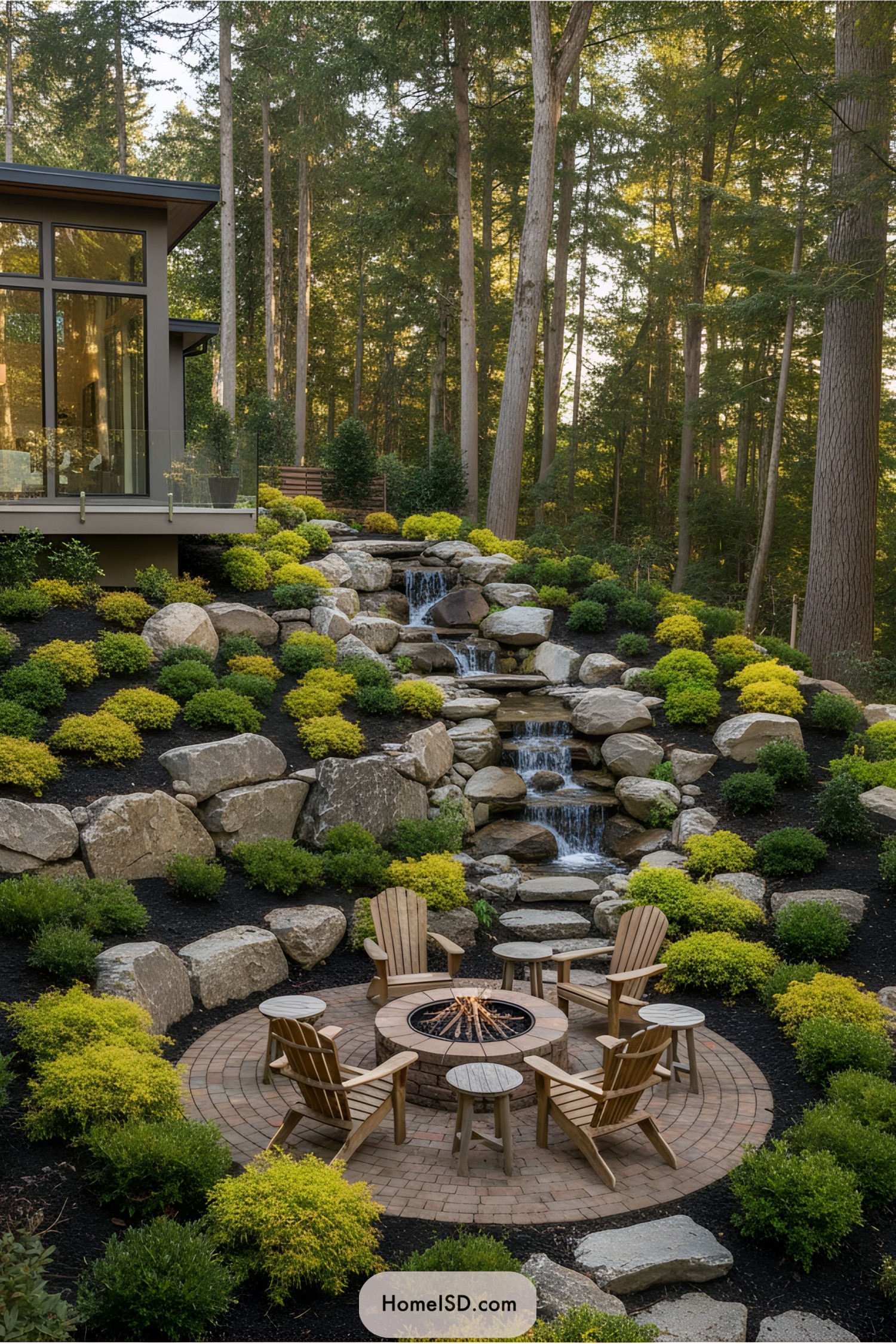 Backyard fire pit surrounded by Adirondack chairs and a waterfall