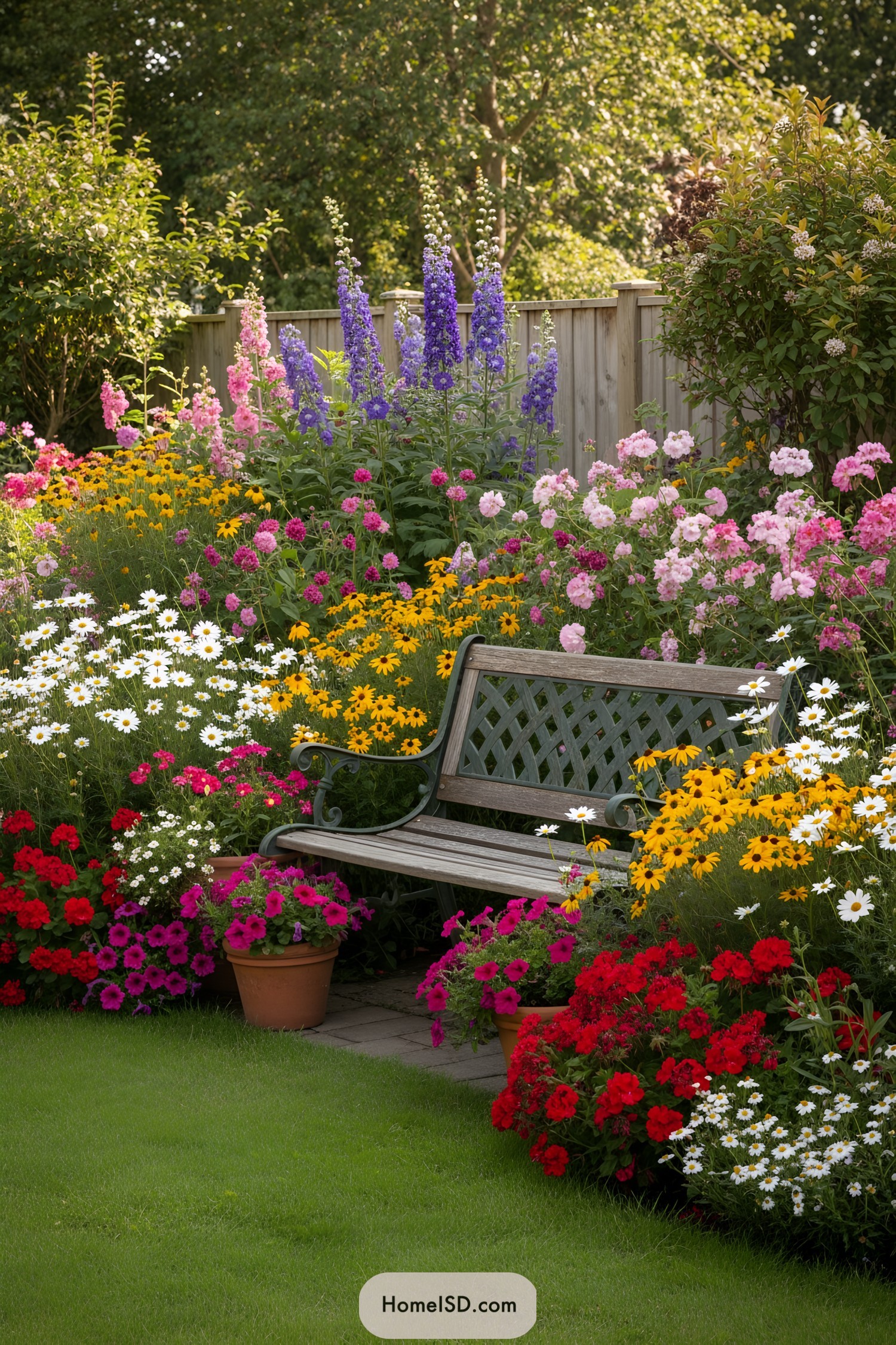 Enchanting garden with colorful flowers and bench