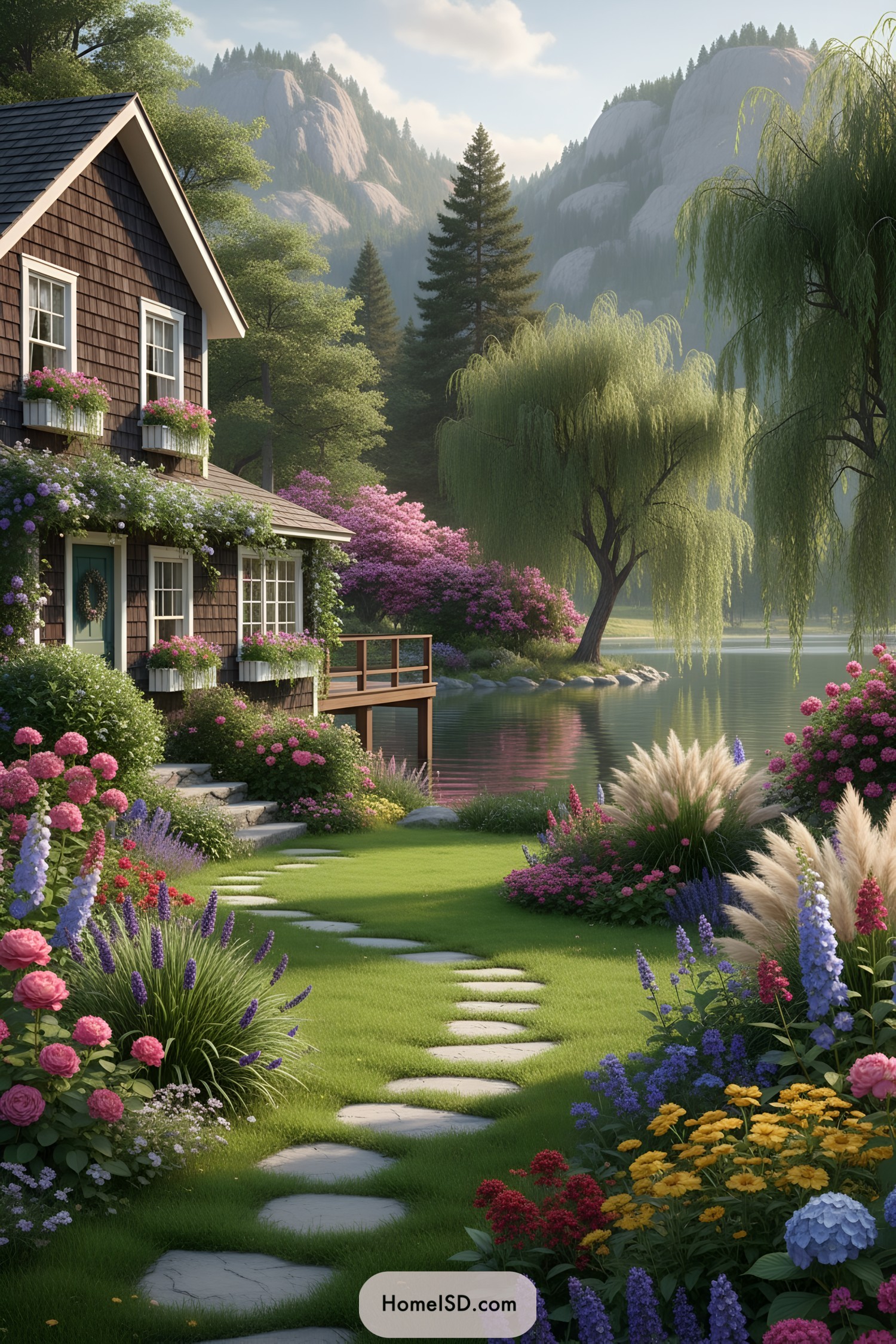 Charming garden path leading to a lakeside retreat