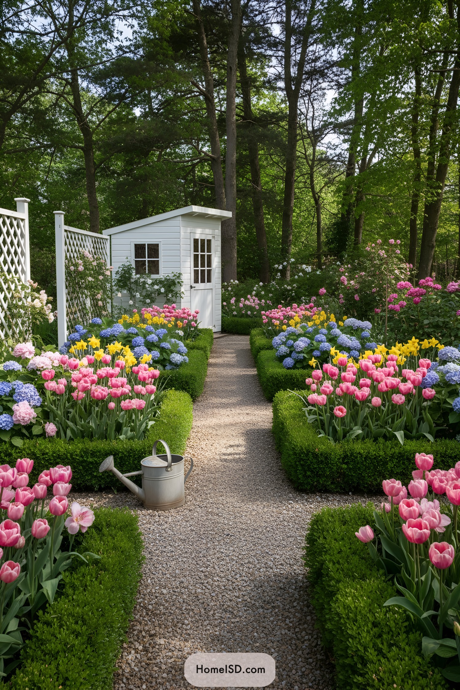 Colorful garden with blooming flowers and a small shed