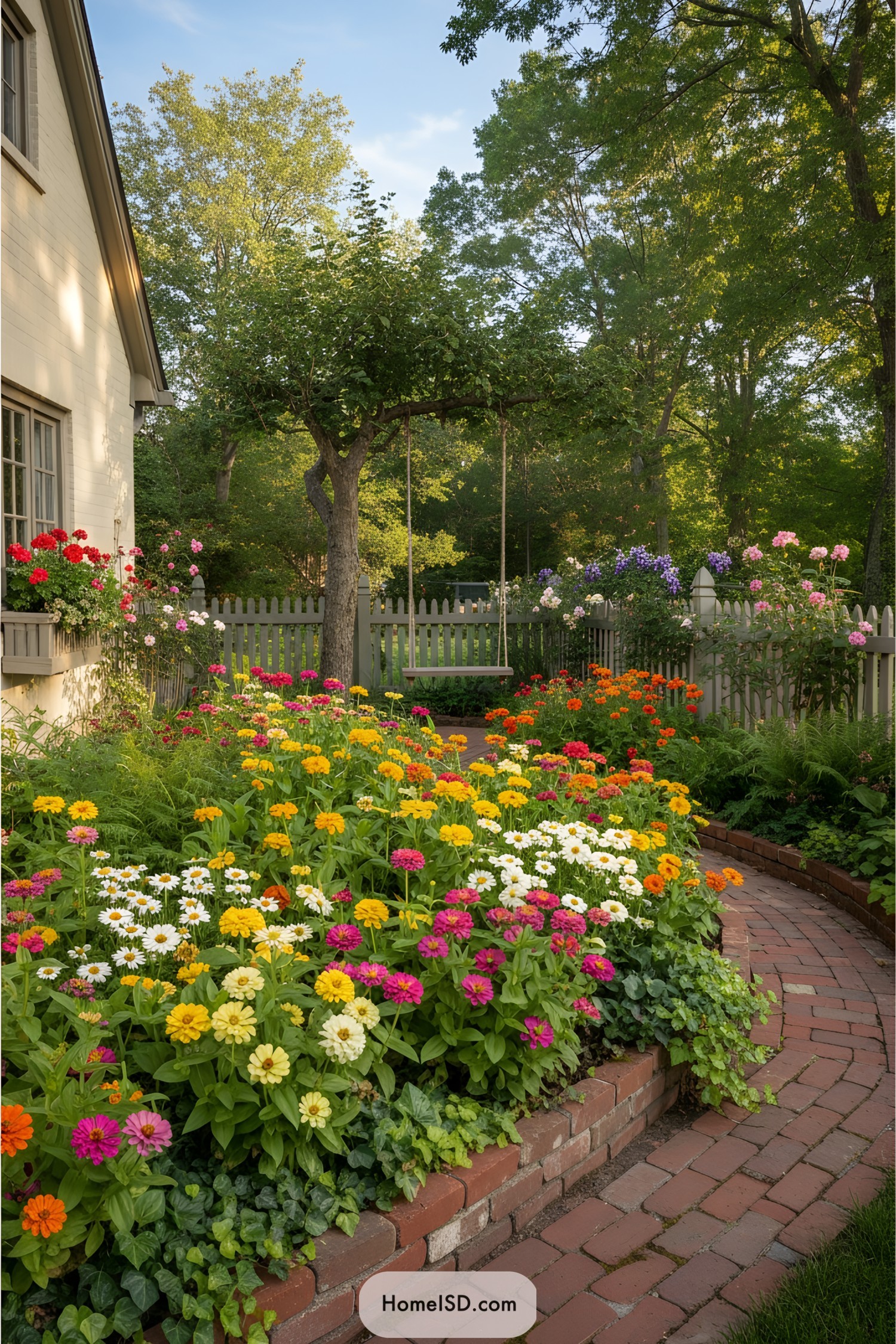 Colorful flowers with a brick pathway