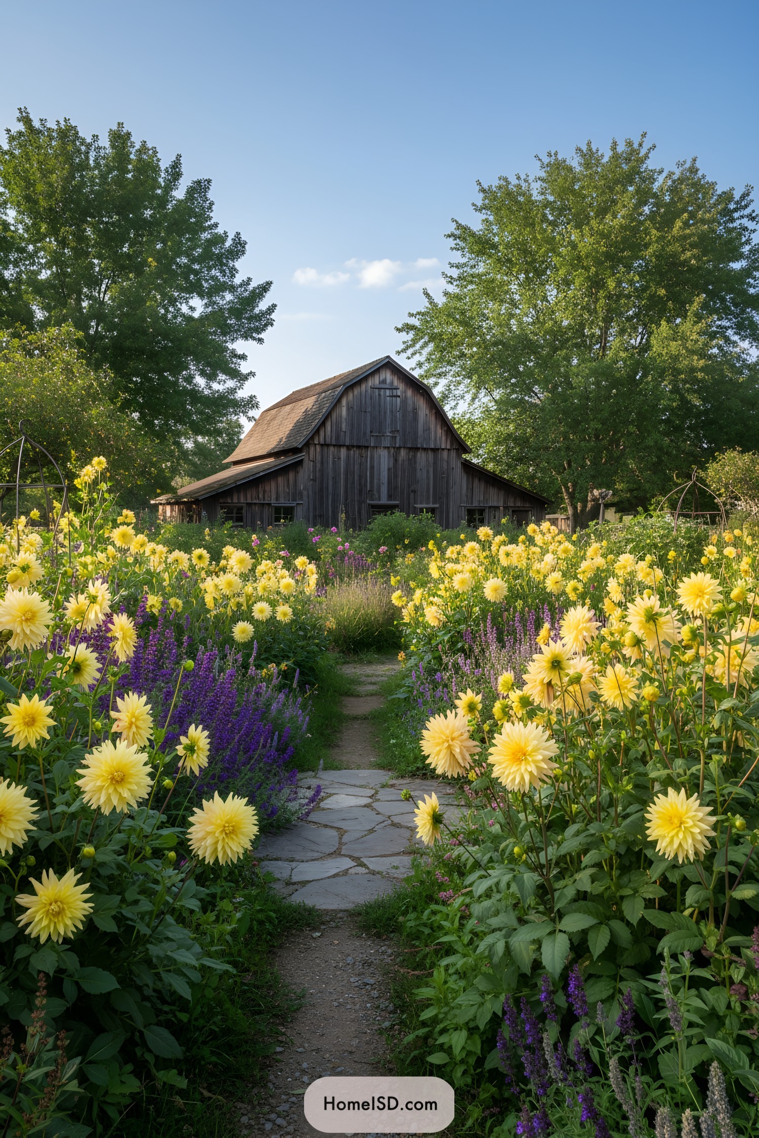 A rustic garden path framed by vibrant dahlias and a quaint barn