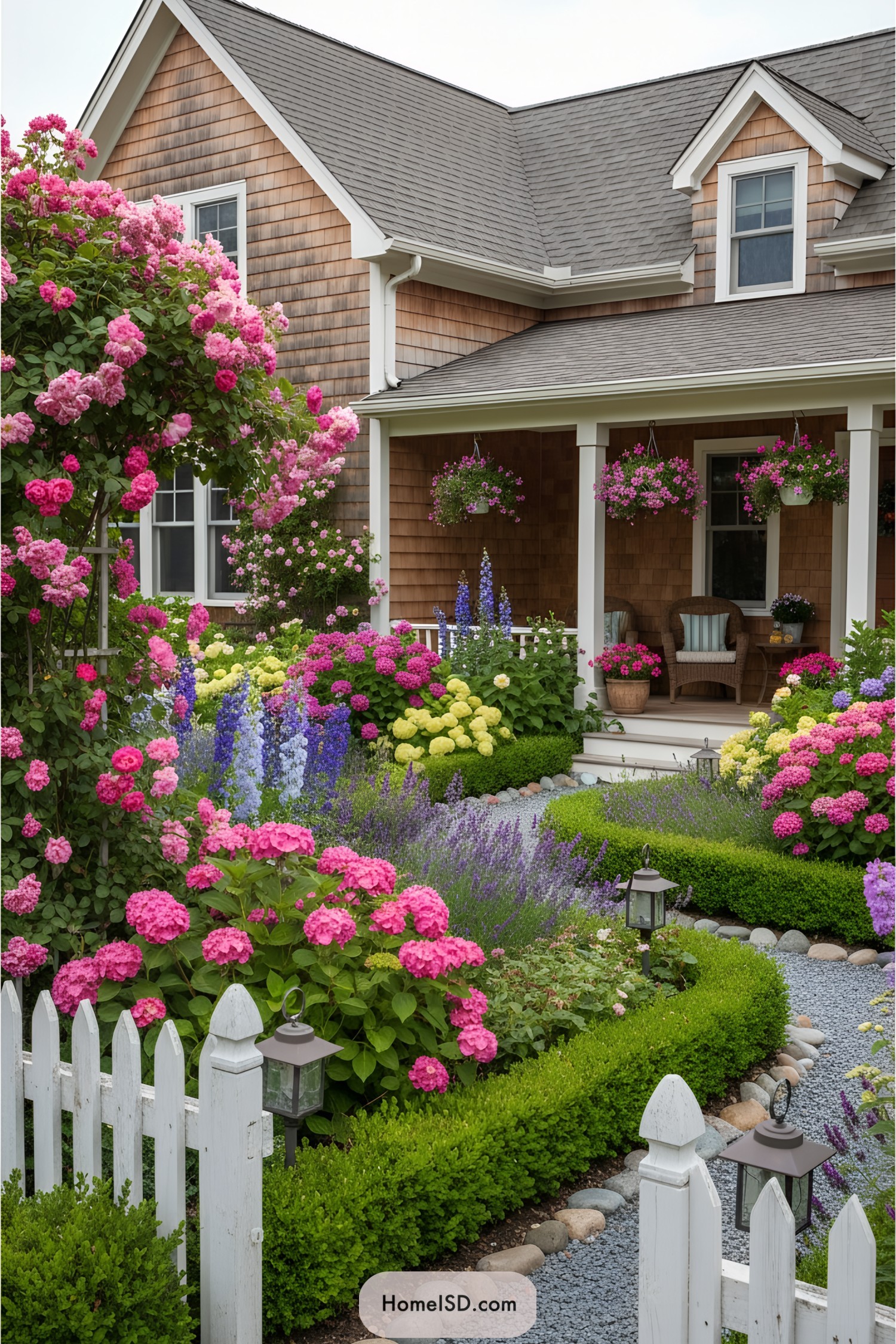 Charming cottage garden with colorful blooms and a cozy porch