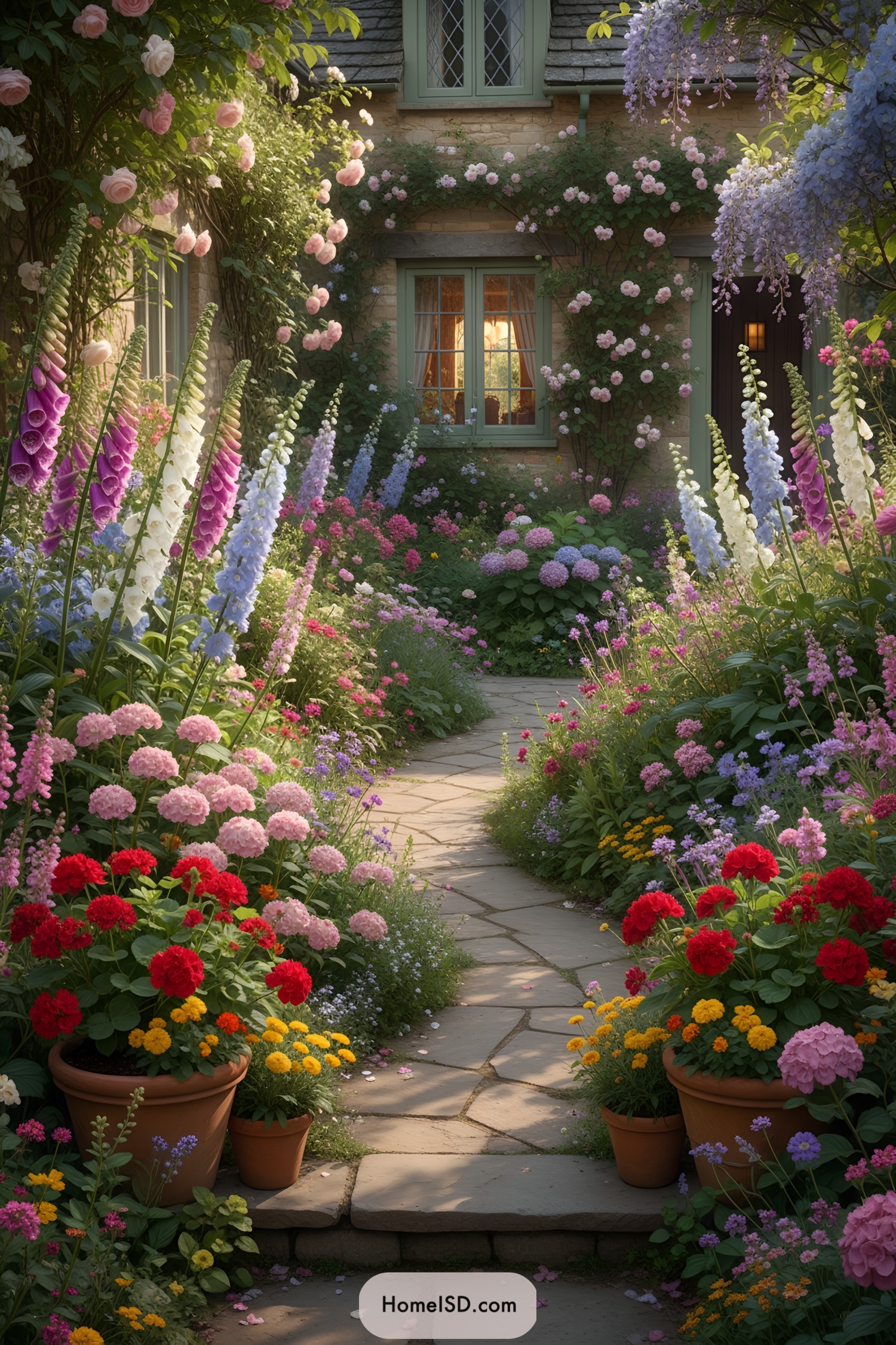 Lush flower garden with colorful blooms and a stone pathway