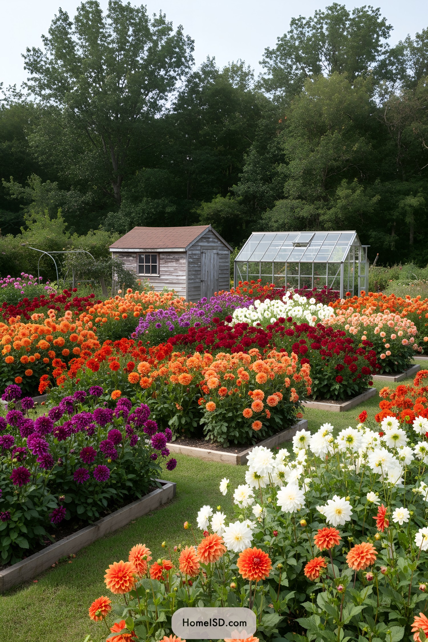 A vibrant garden full of colorful dahlias and small sheds