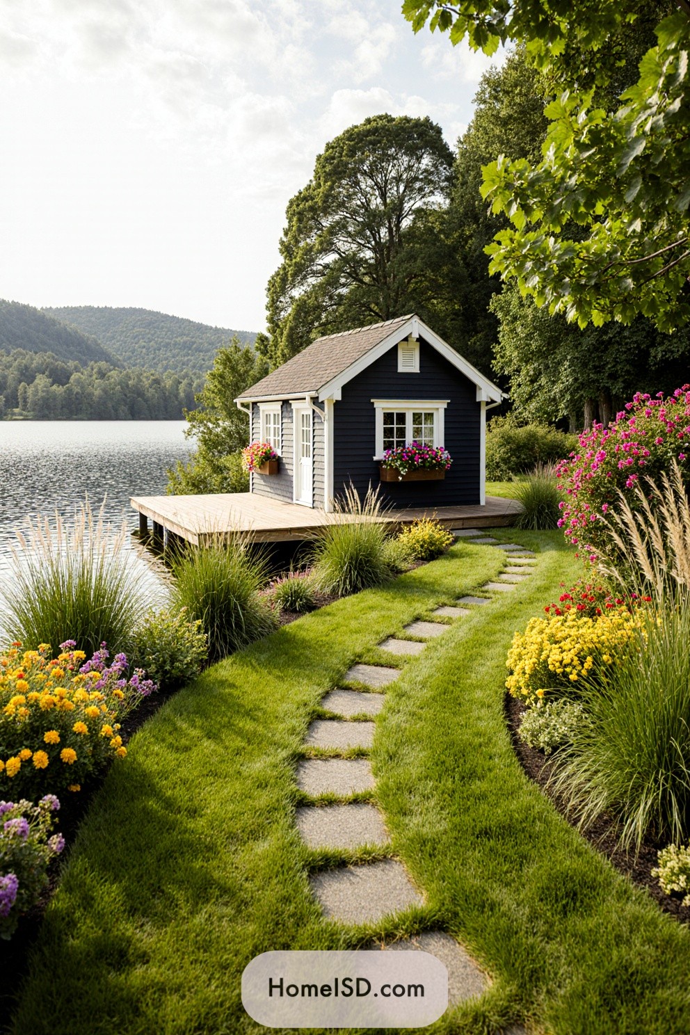 Lakeside cottage with vibrant garden path