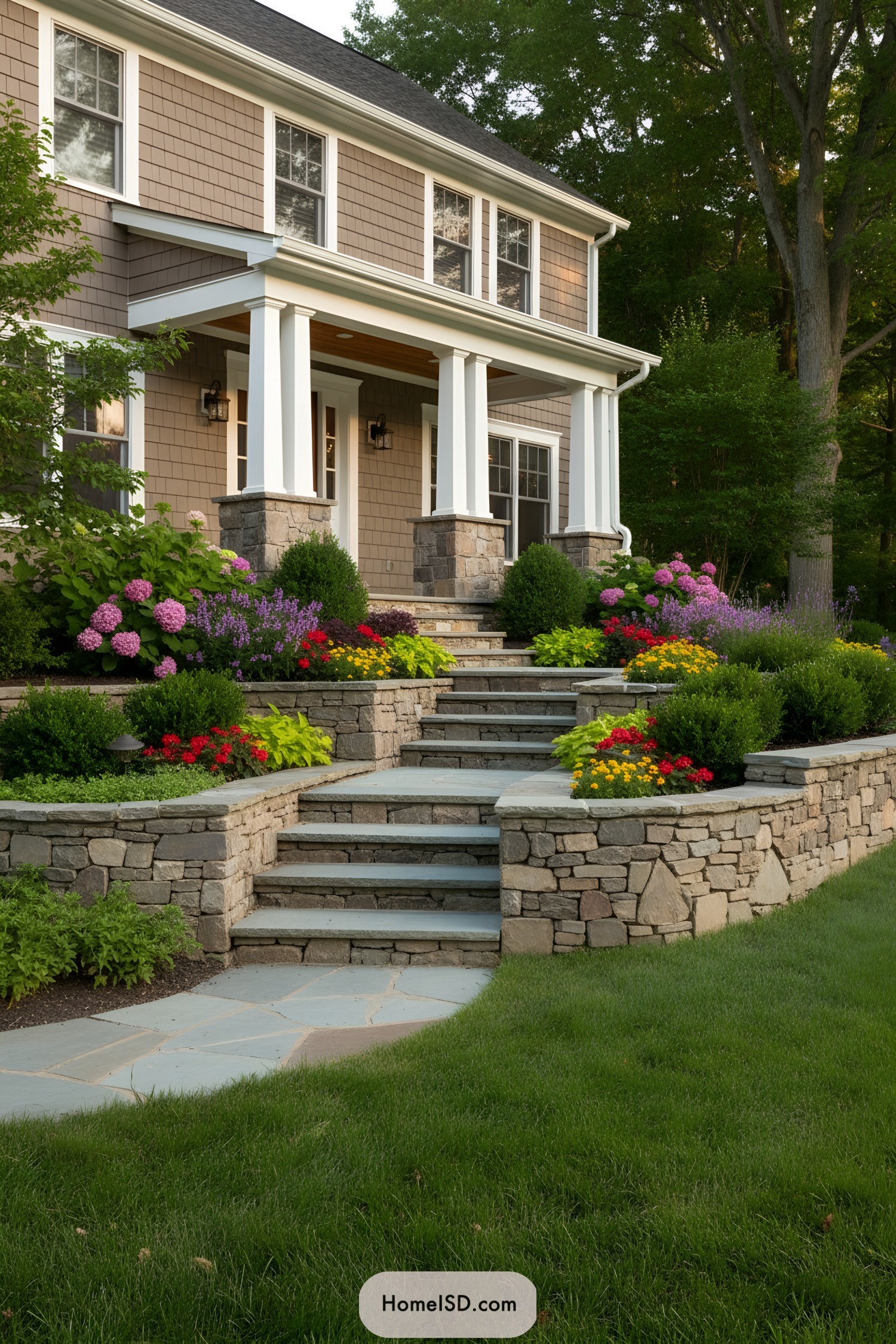 Colorful flower beds line the stone path to the house entrance