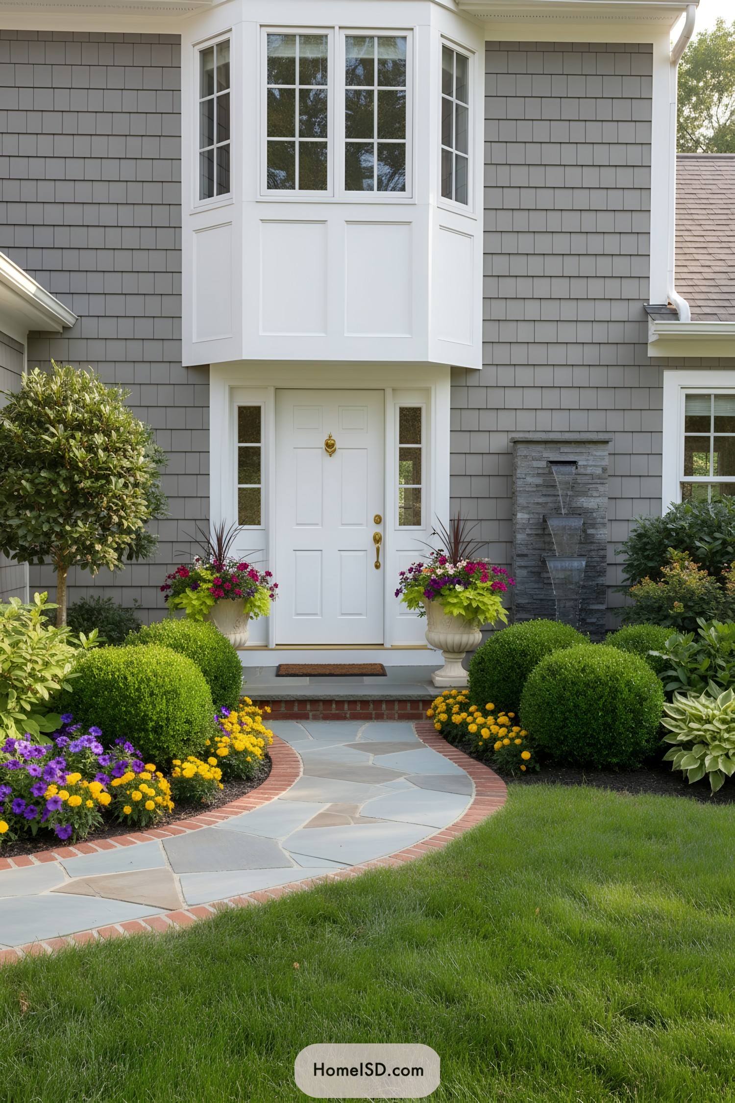 Colorful pathway with lush plants leading to a house entrance