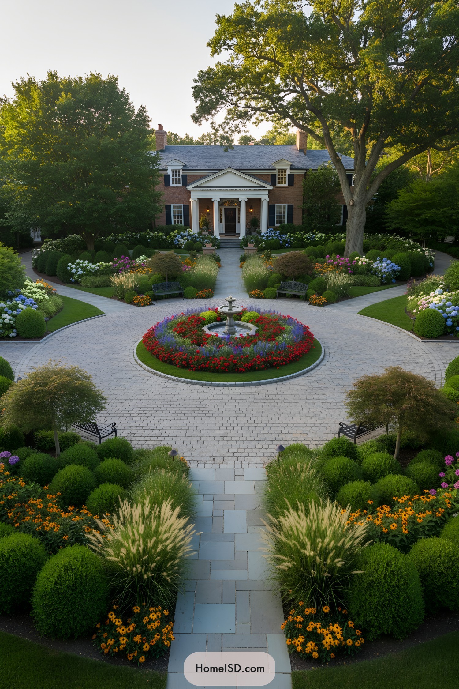 Circle landscape design with a central roundabout encircled by a broad driveway, bordered by lush planting beds of evergreen shrubs and ornamental grasses. Curved pathways branch outward, flanked by clusters of small decorative trees and perennials for year-round color. The architecture features a formal entrance and structured walkways. Classic outdoor benches and low accent lighting line the paths for both function and aesthetic appeal. Mature shade trees are strategically placed for balance and privacy, creating an elegant and harmonious garden scene.