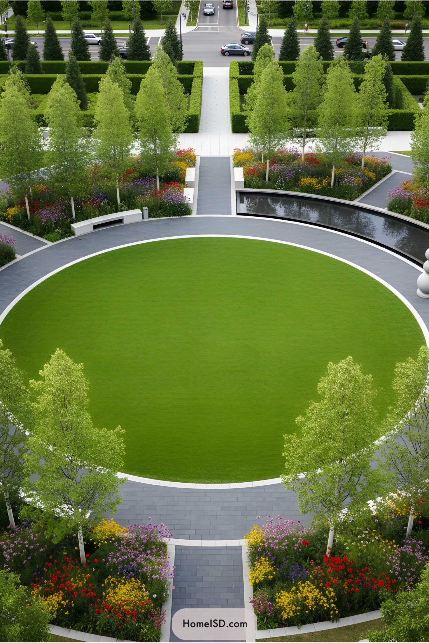 Lush circular garden with pathways and colorful flowers