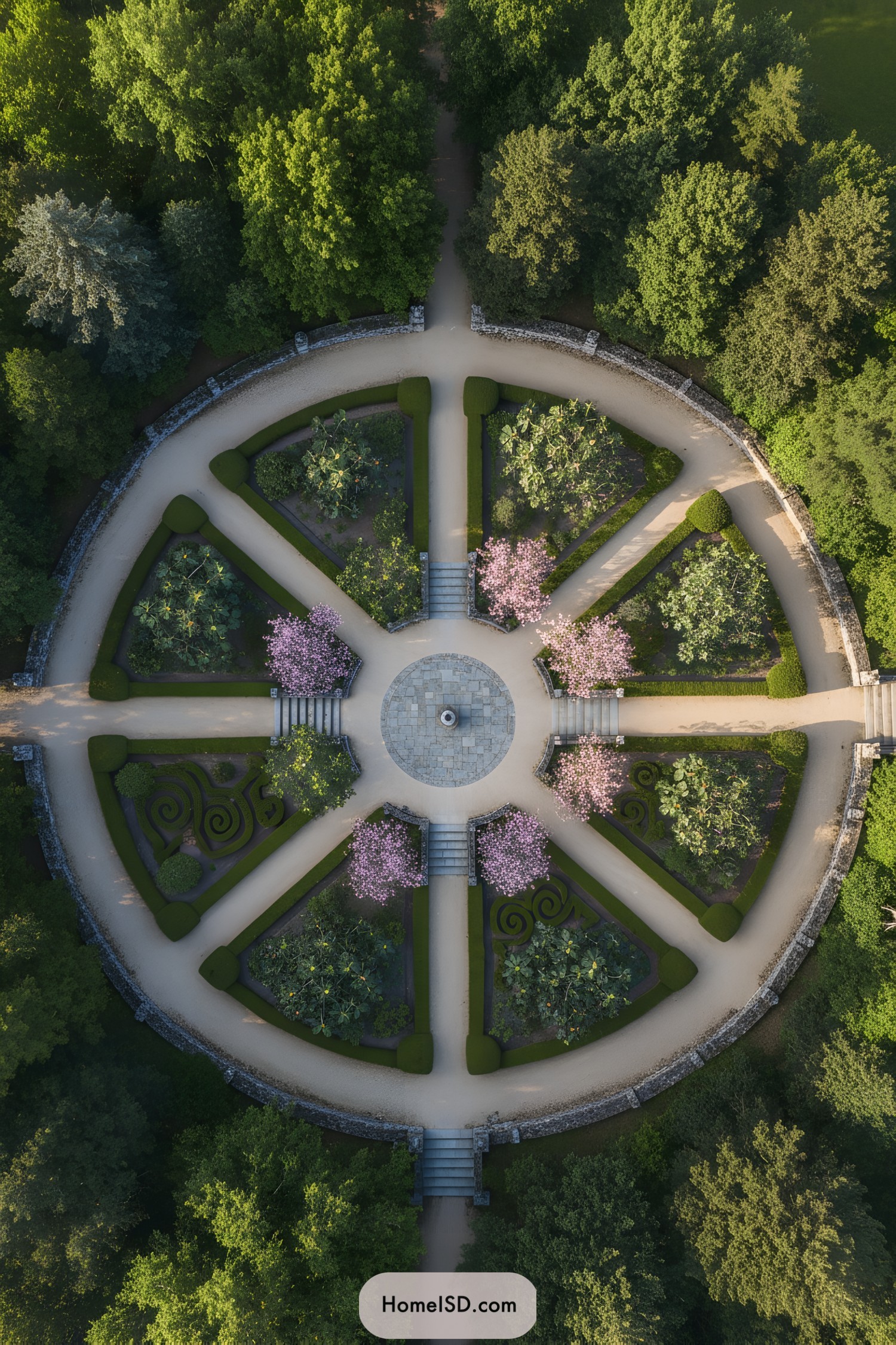 Aerial view of a circular garden with pathways and lush greenery