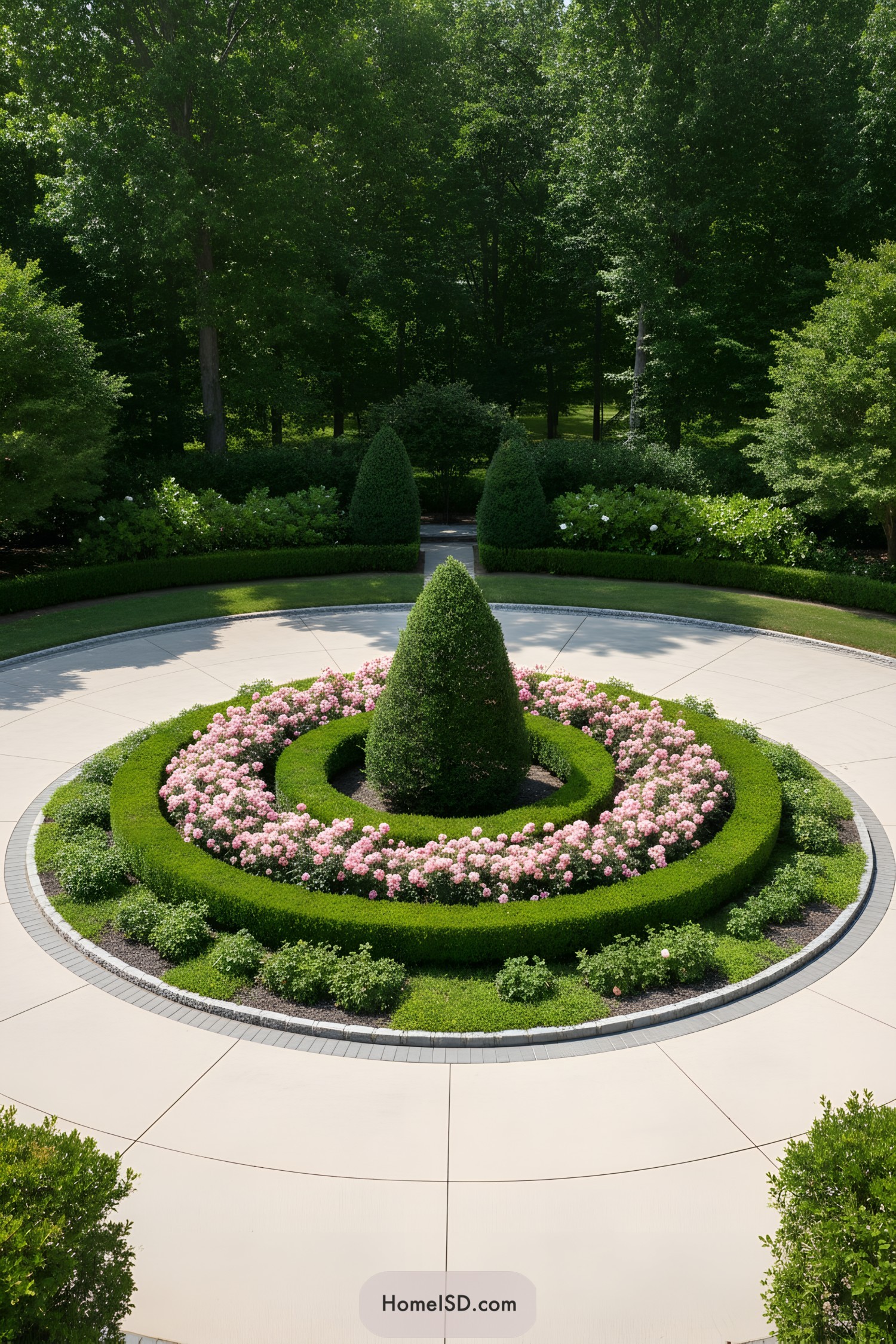 Circular garden with hedges and pink flowers
